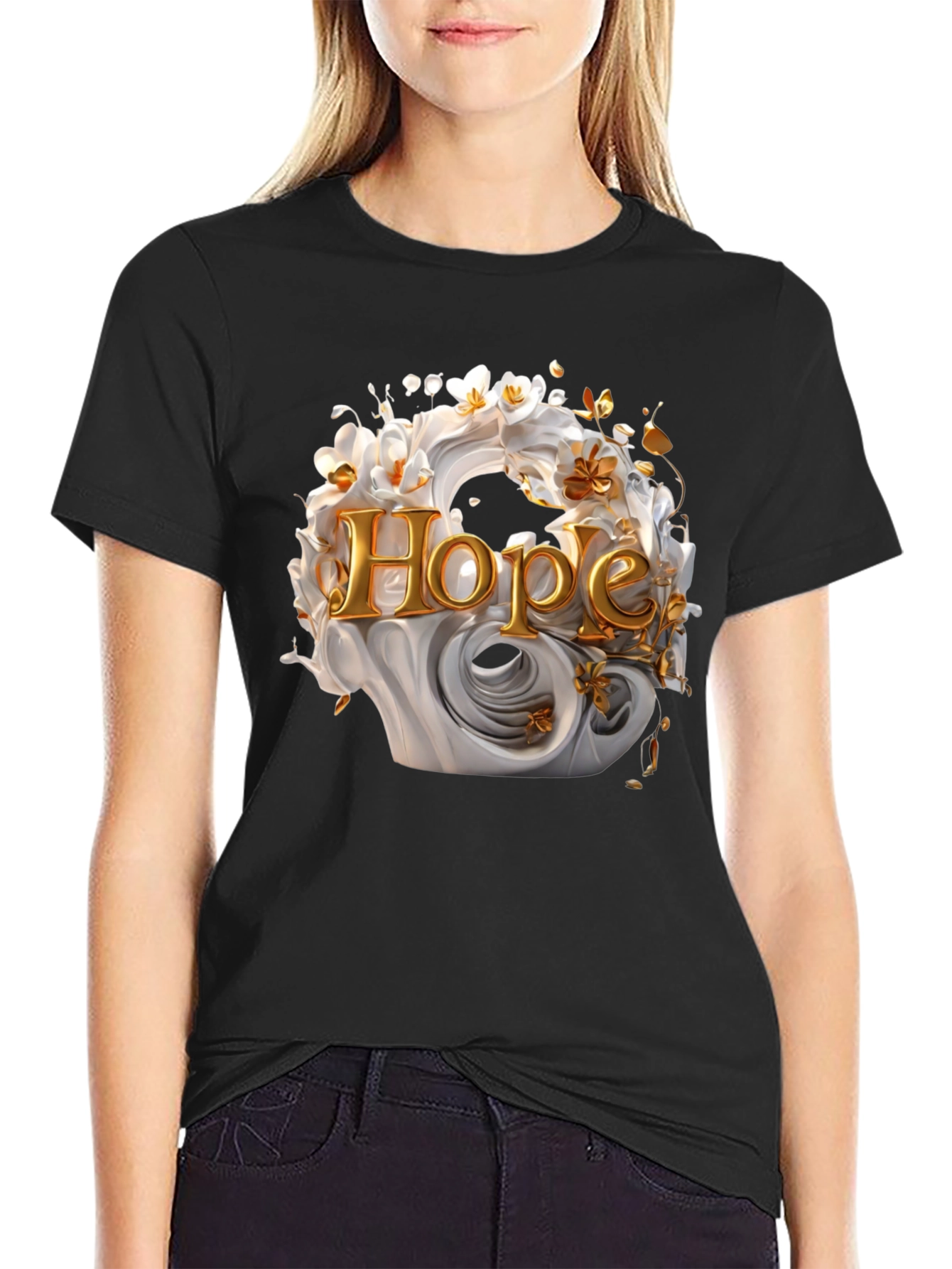 Hope Floral Graphic Tee - Elegant Black Cotton T-Shirt