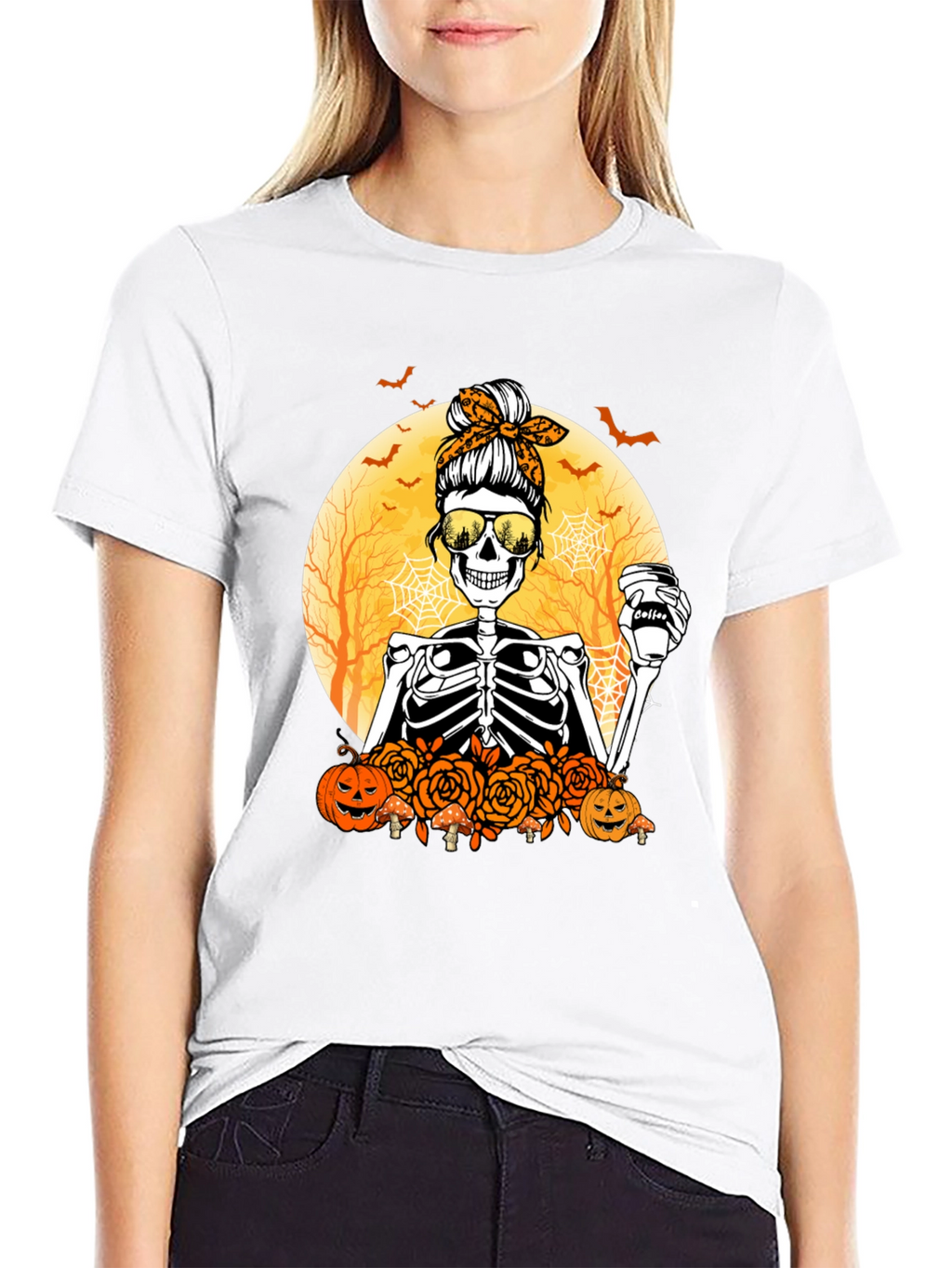 Skeleton Messy Bun Halloween T-Shirt
