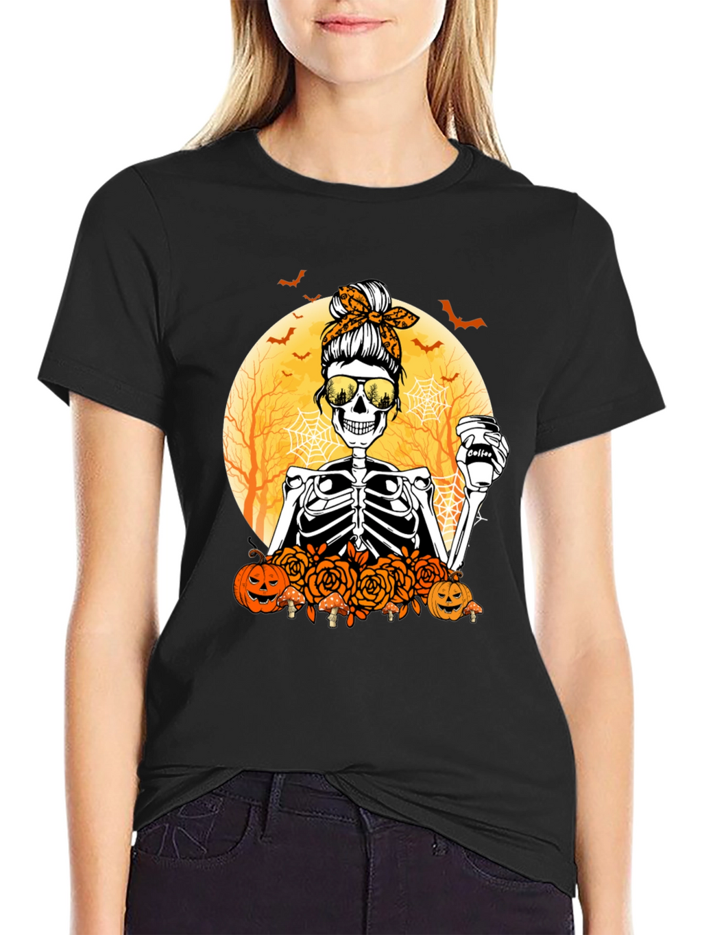Skeleton Messy Bun Halloween T-Shirt