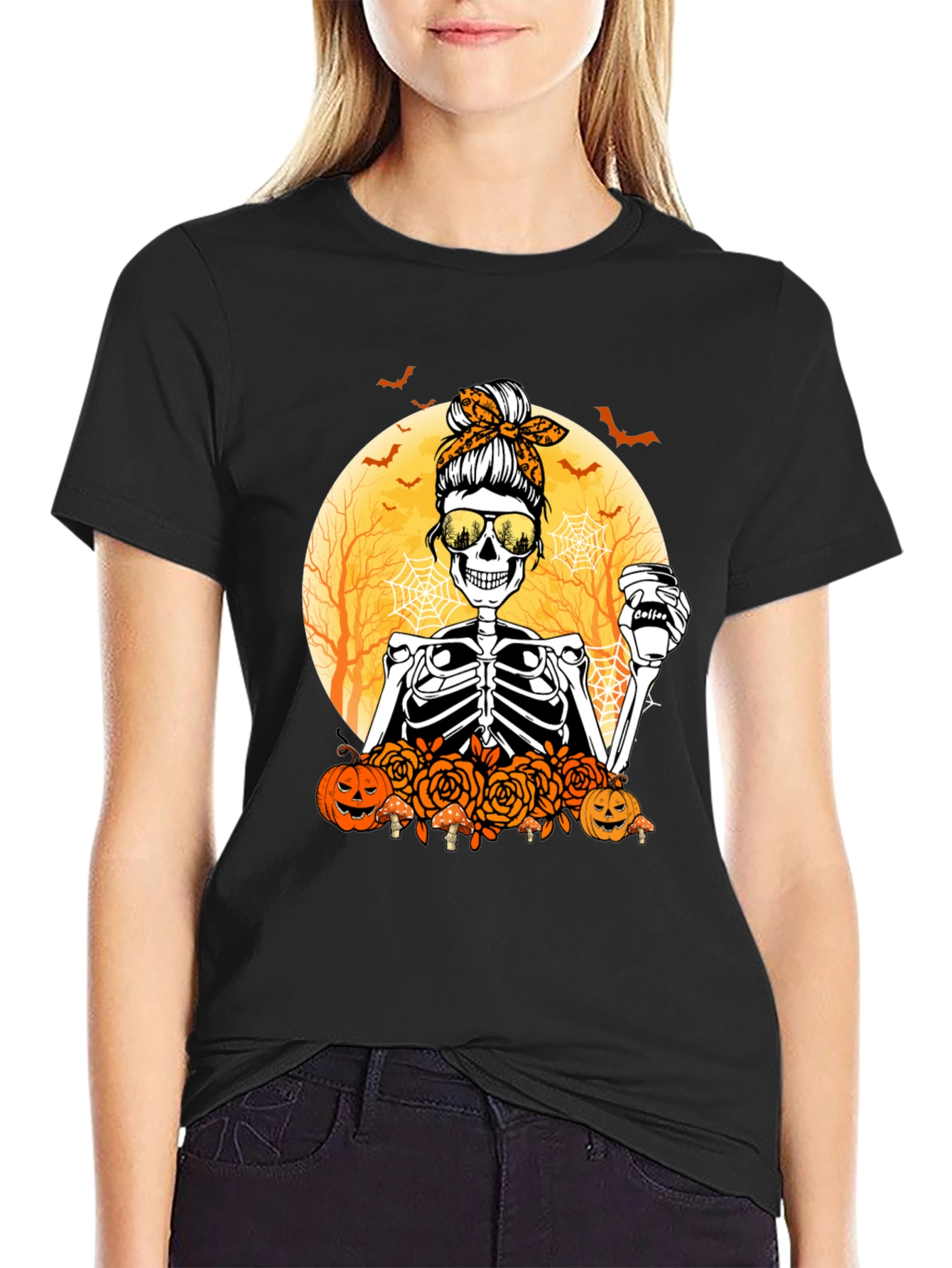 Skeleton Messy Bun Halloween T-Shirt
