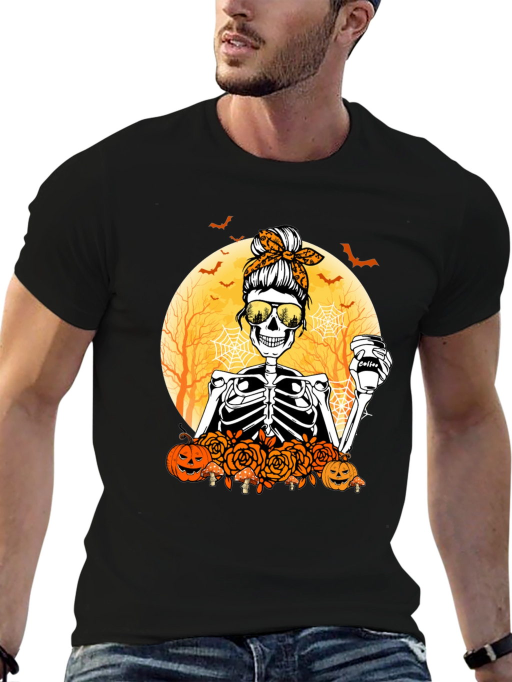 Skeleton Messy Bun Halloween T-Shirt