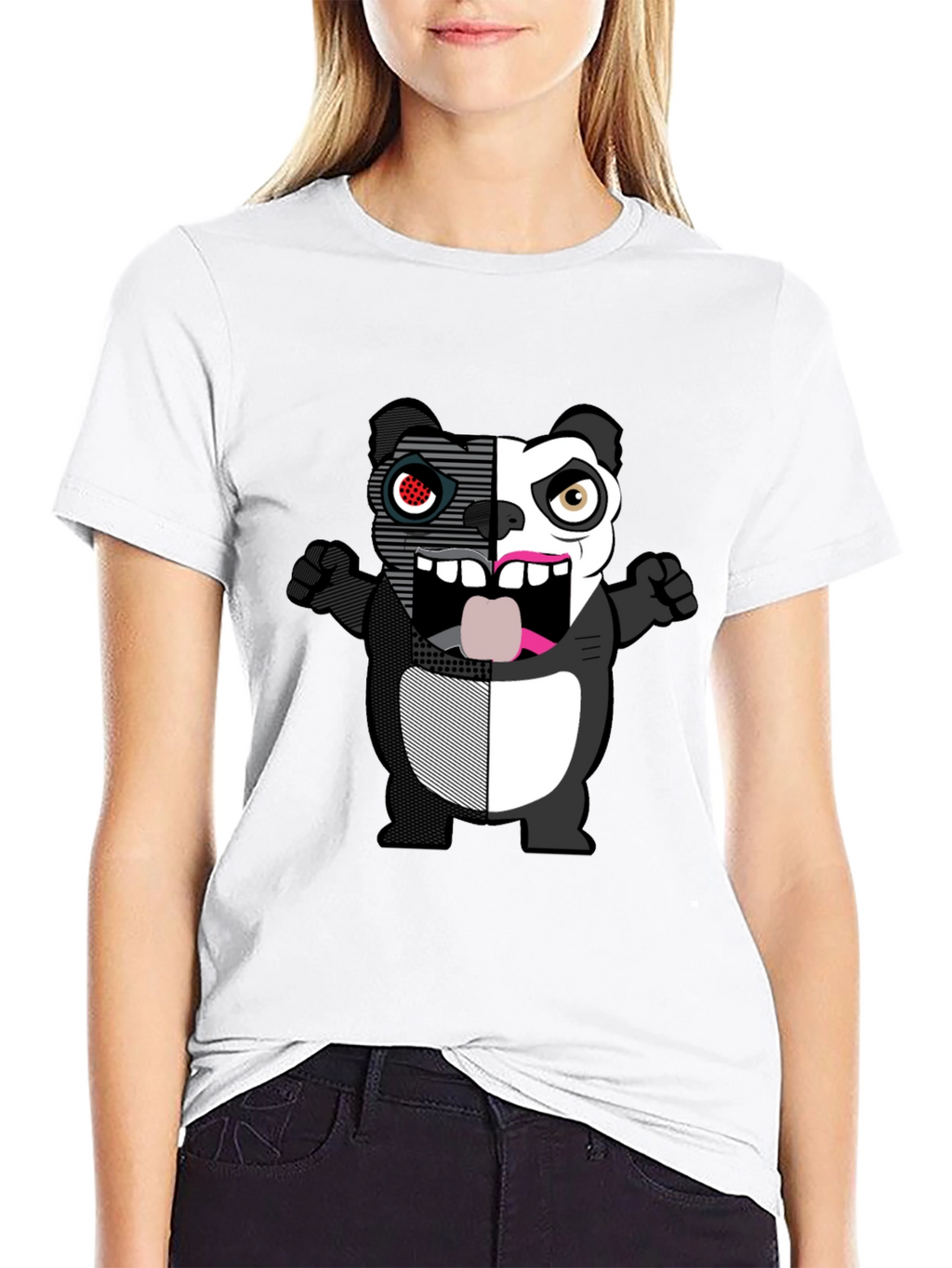 Split-Face Cartoon Panda Black T-Shirt