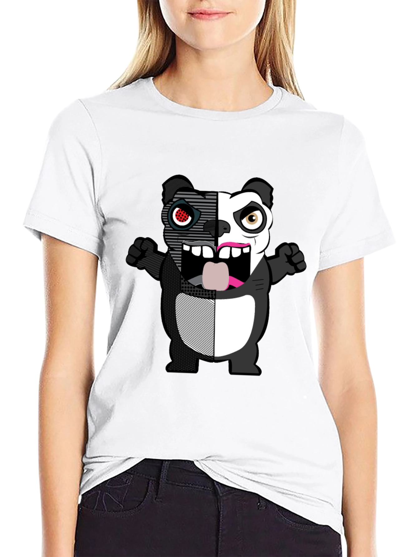 Split-Face Cartoon Panda Black T-Shirt