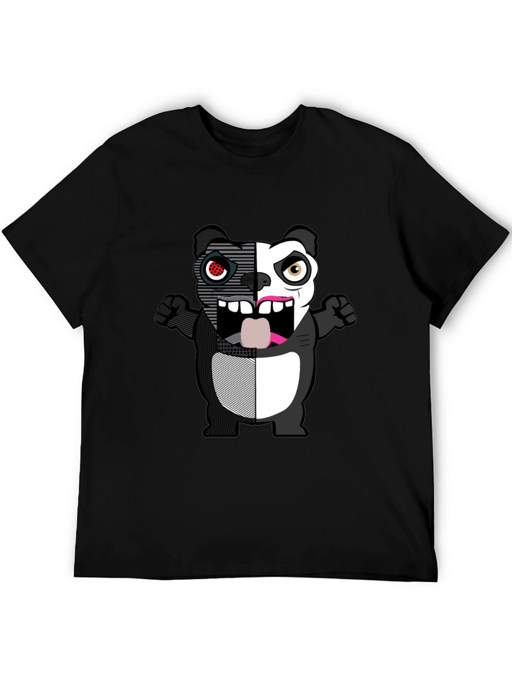 Split-Face Cartoon Panda Black T-Shirt