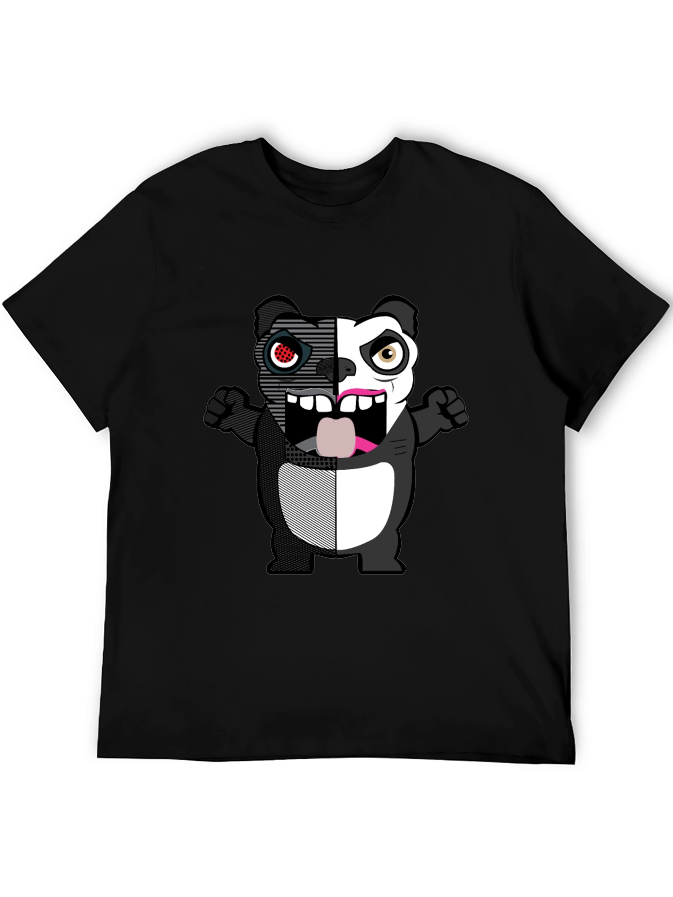 Split-Face Cartoon Panda Black T-Shirt