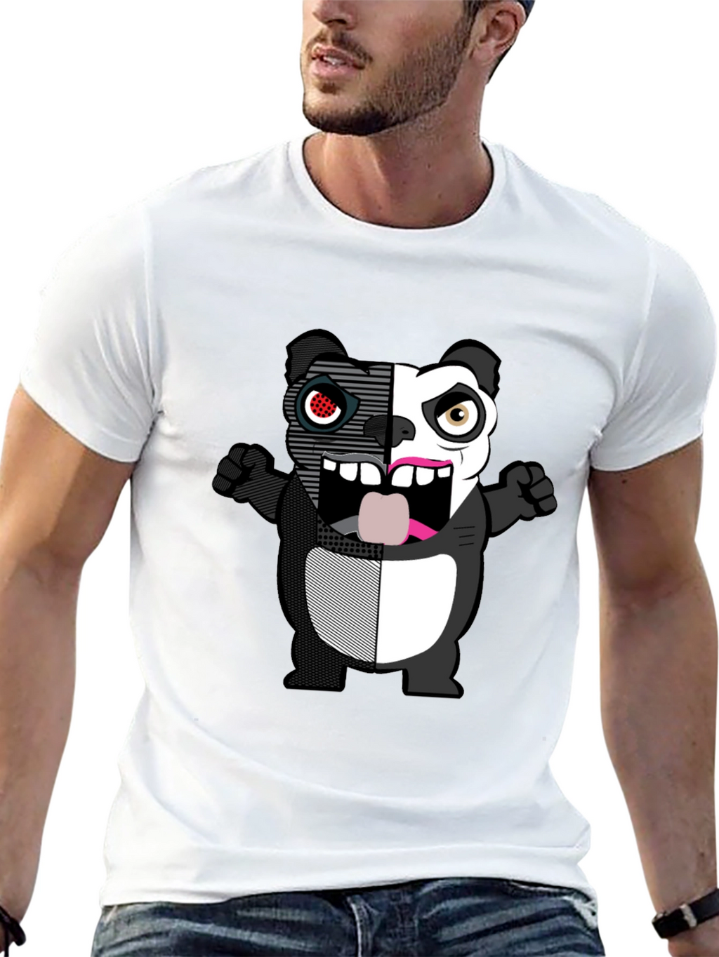 Split-Face Cartoon Panda Black T-Shirt