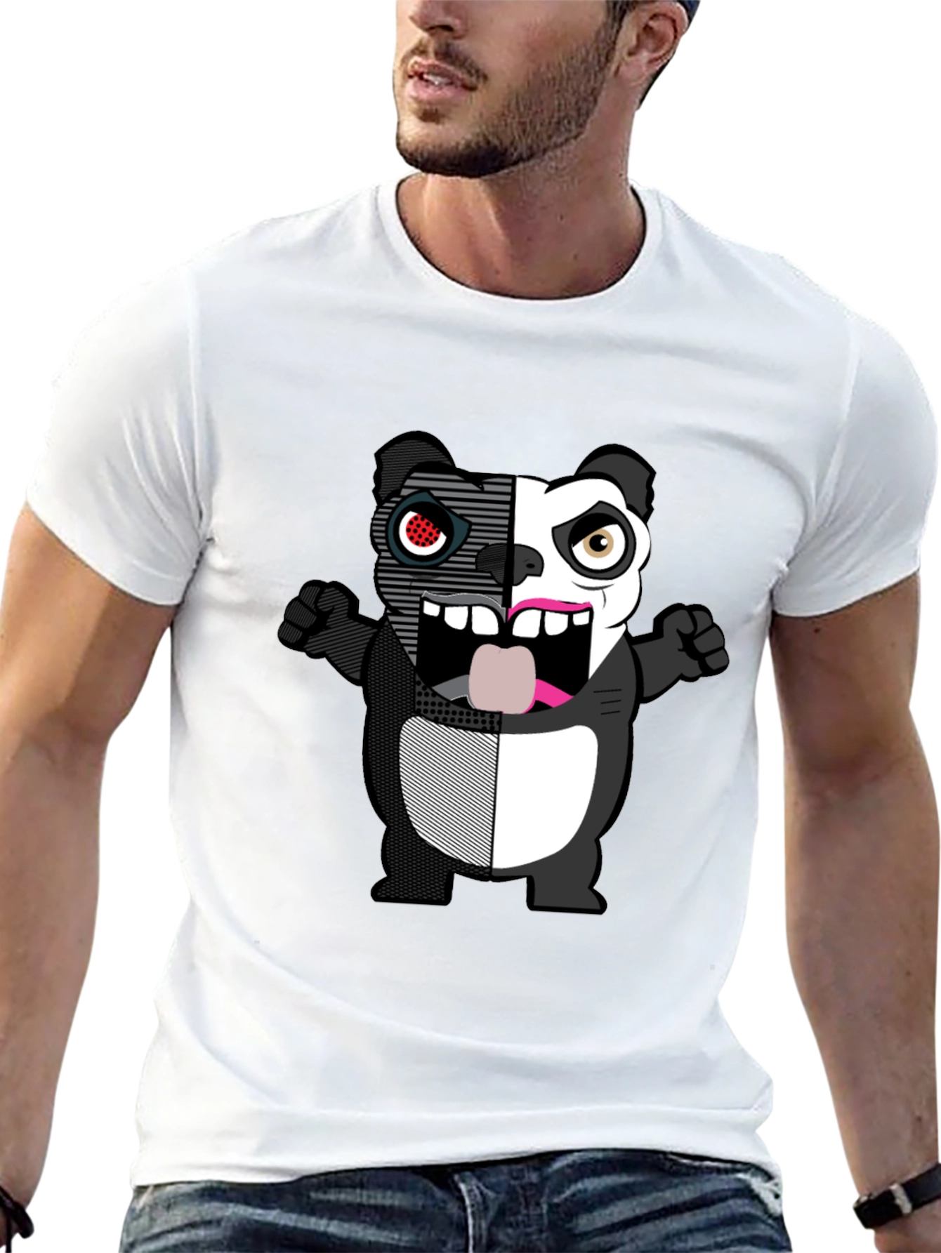 Split-Face Cartoon Panda Black T-Shirt