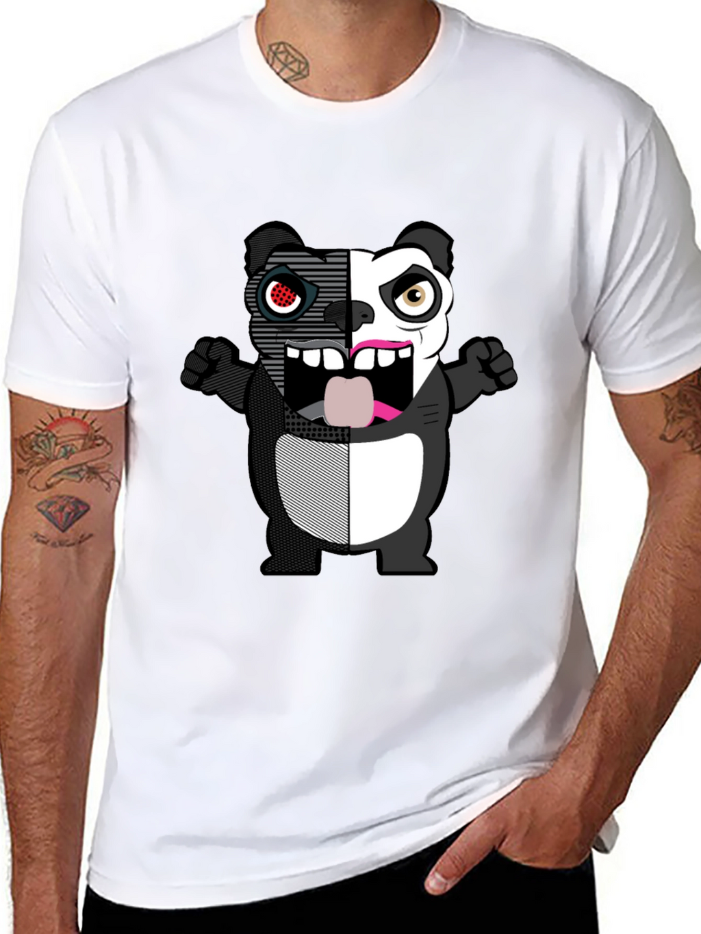 Split-Face Cartoon Panda Black T-Shirt