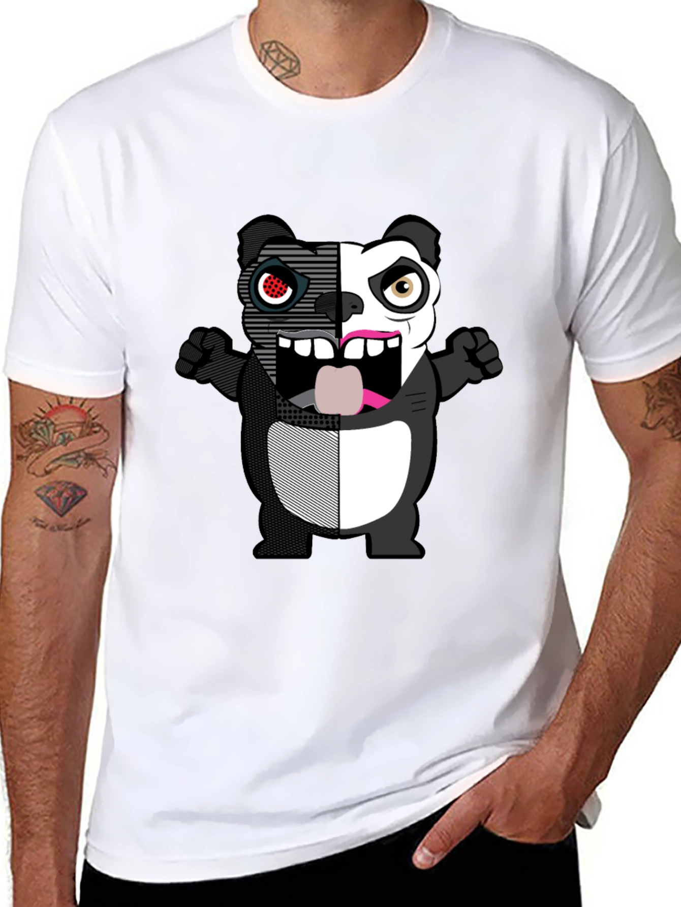 Split-Face Cartoon Panda Black T-Shirt