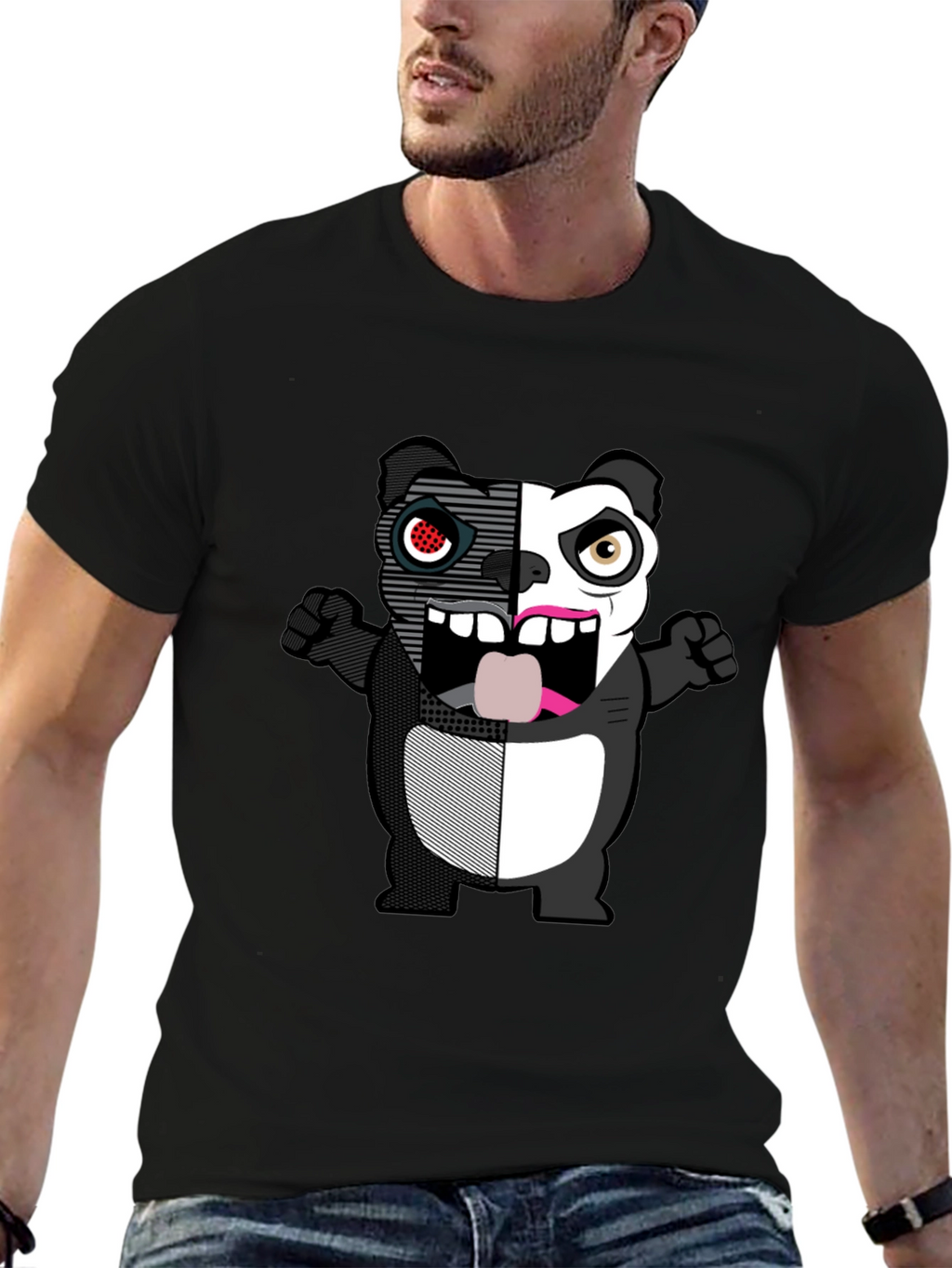 Split-Face Cartoon Panda Black T-Shirt