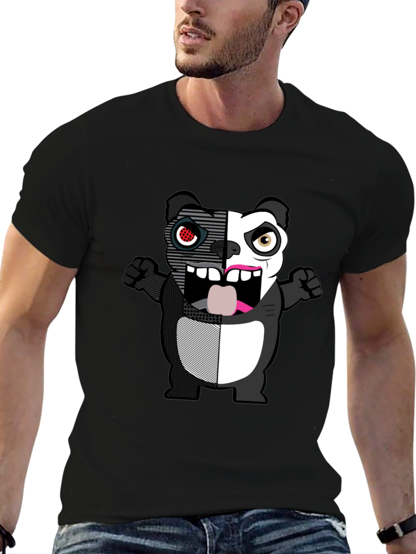 Split-Face Cartoon Panda Black T-Shirt