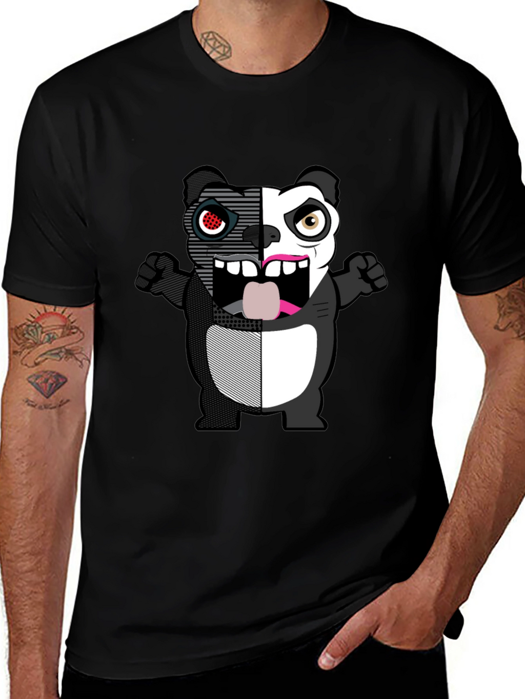 Split-Face Cartoon Panda Black T-Shirt
