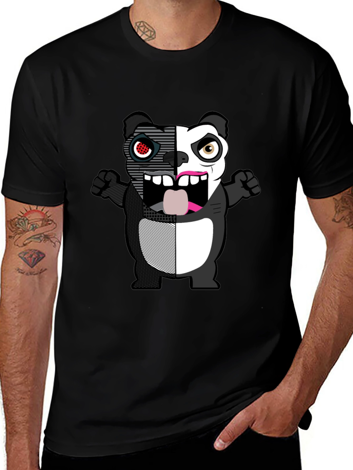 Split-Face Cartoon Panda Black T-Shirt