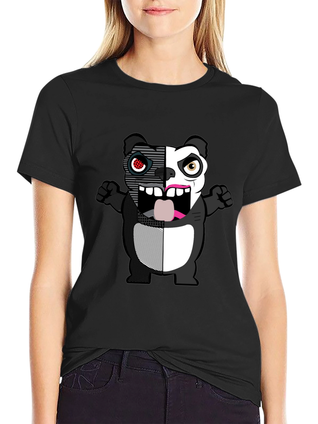 Split-Face Cartoon Panda Black T-Shirt