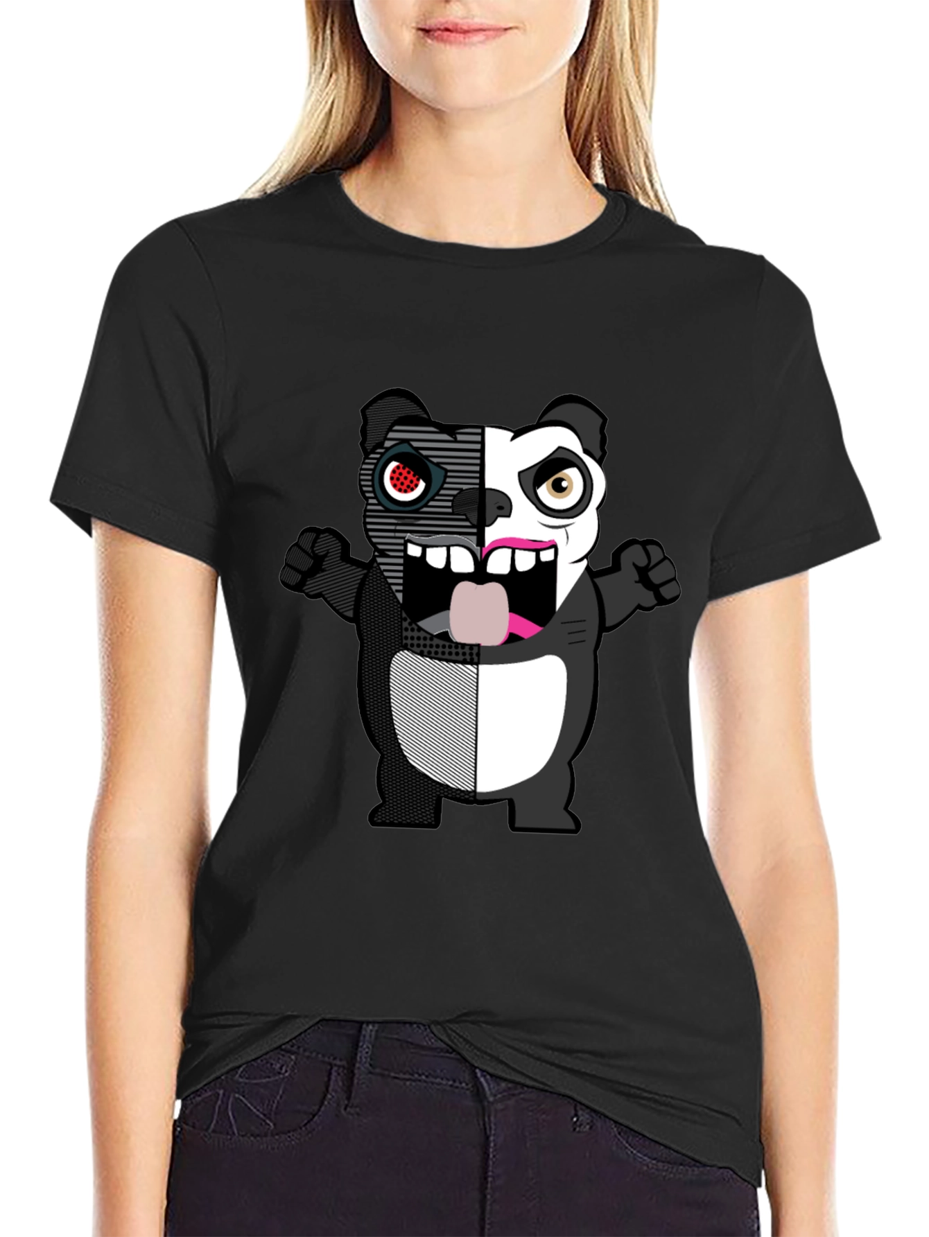 Split-Face Cartoon Panda Black T-Shirt