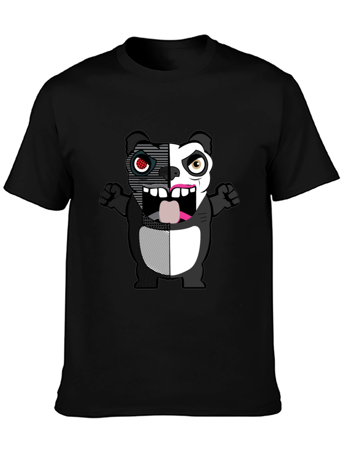 Split-Face Cartoon Panda Black T-Shirt