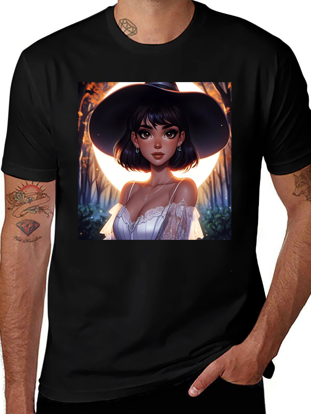 Witch Woman Graphic Print Black T-Shirt