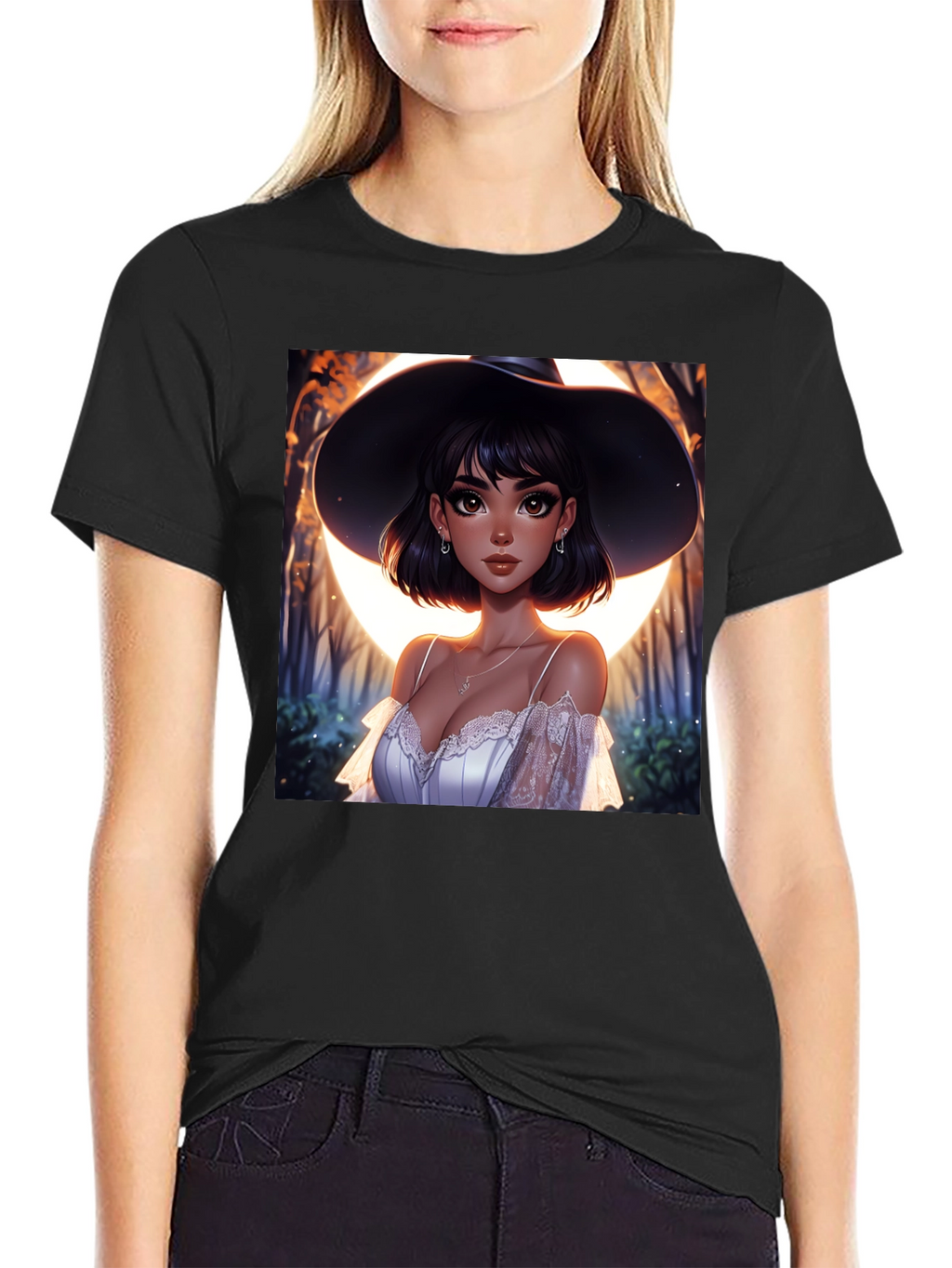 Witch Woman Graphic Print Black T-Shirt