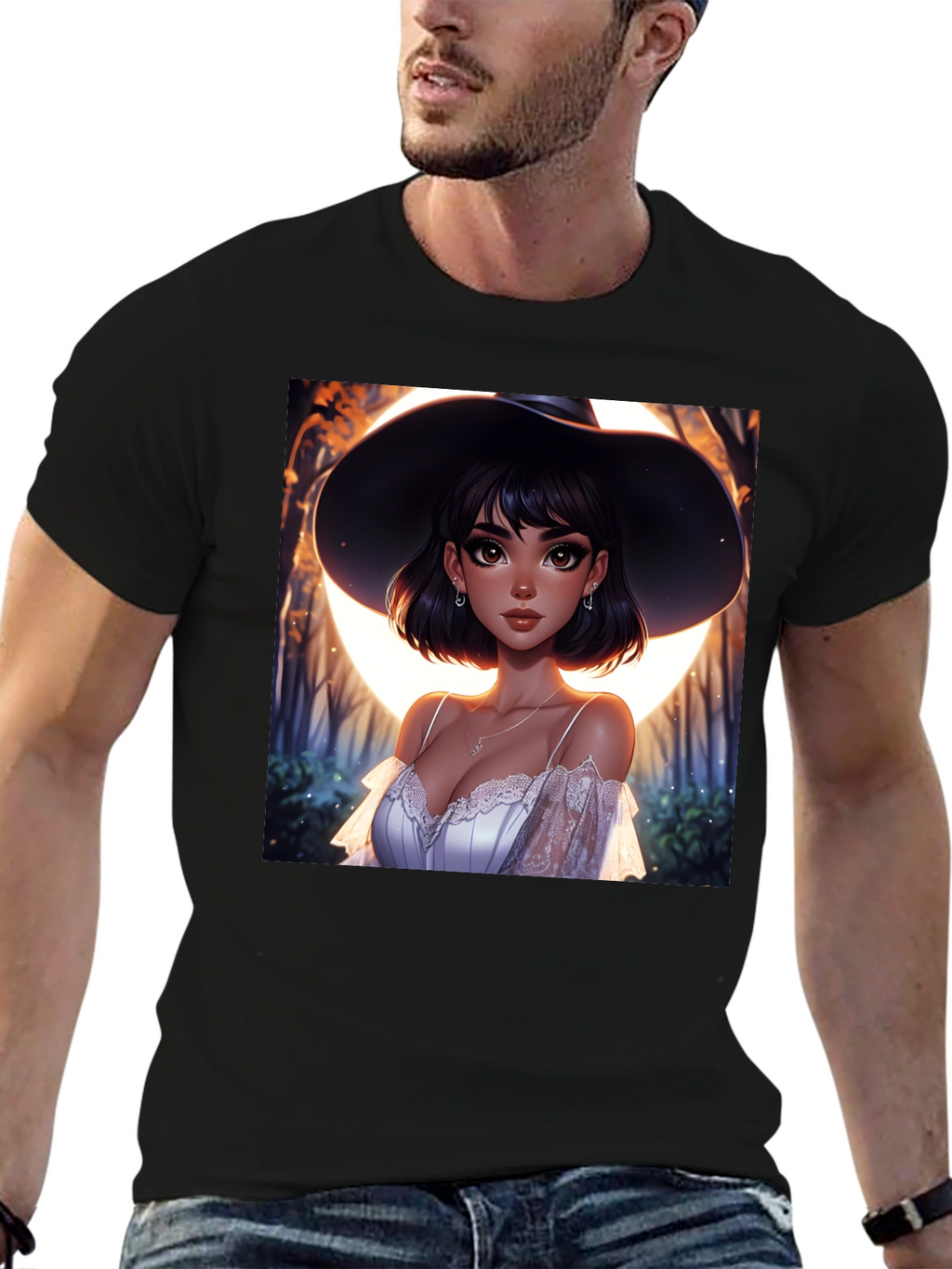 Witch Woman Graphic Print Black T-Shirt