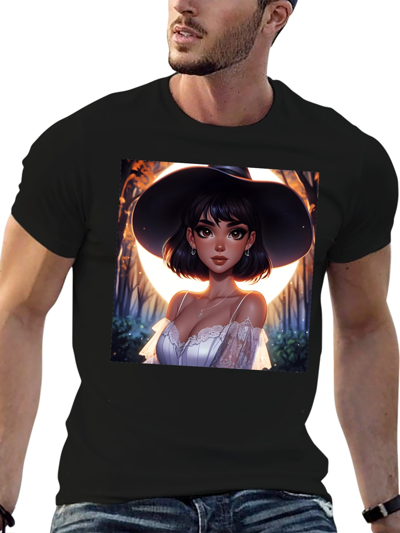 Witch Woman Graphic Print Black T-Shirt