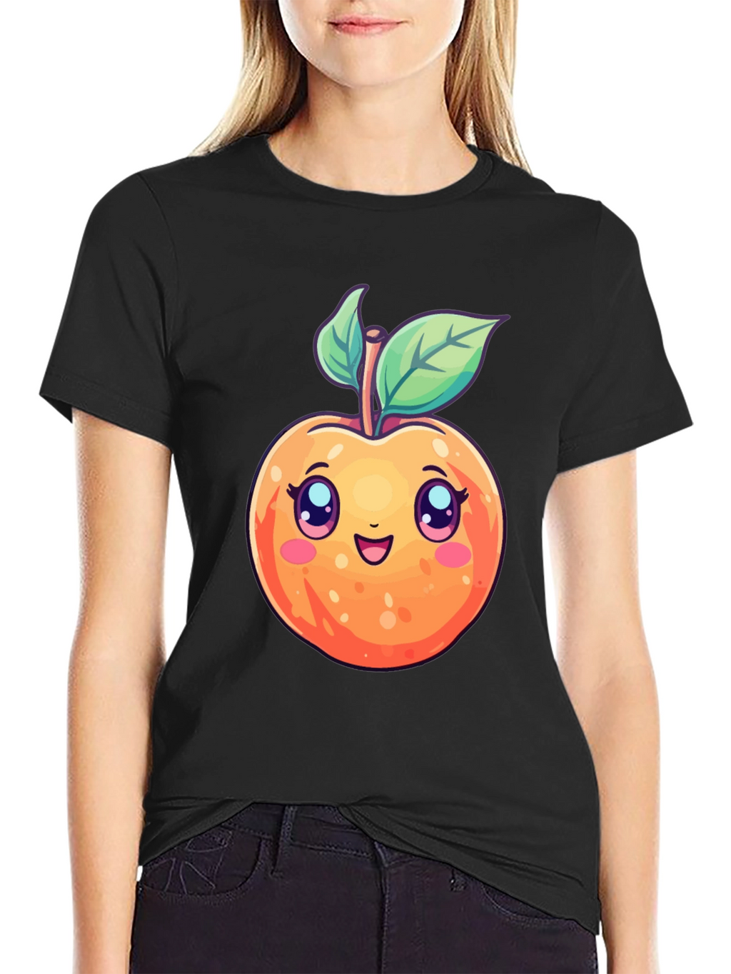 Cute Cartoon Peach Black T-Shirt