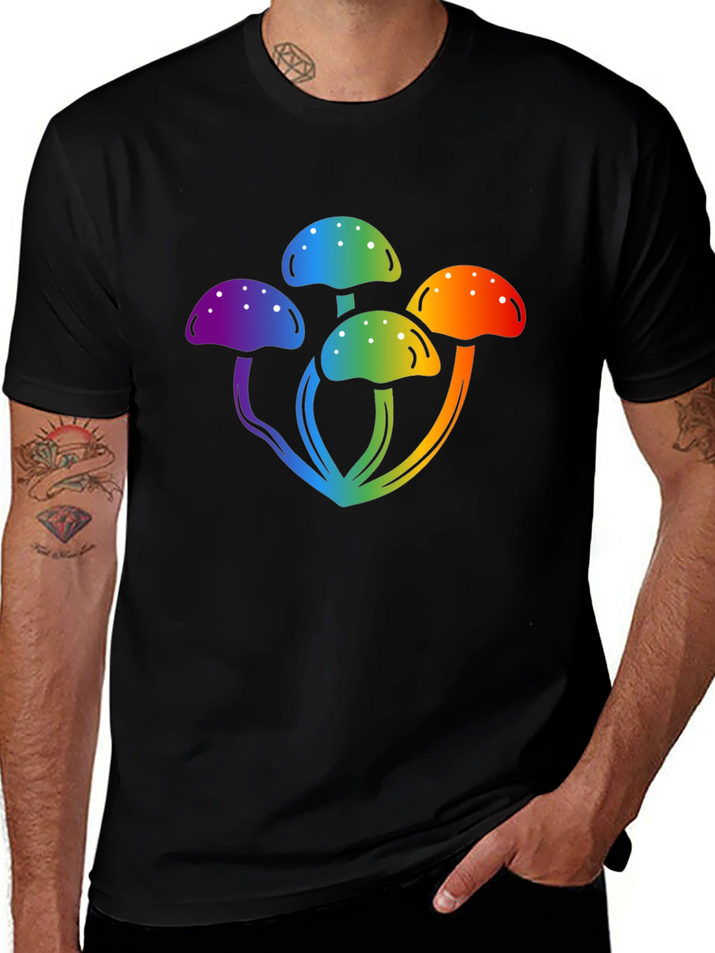 Rainbow Mushroom Graphic Black T-Shirt