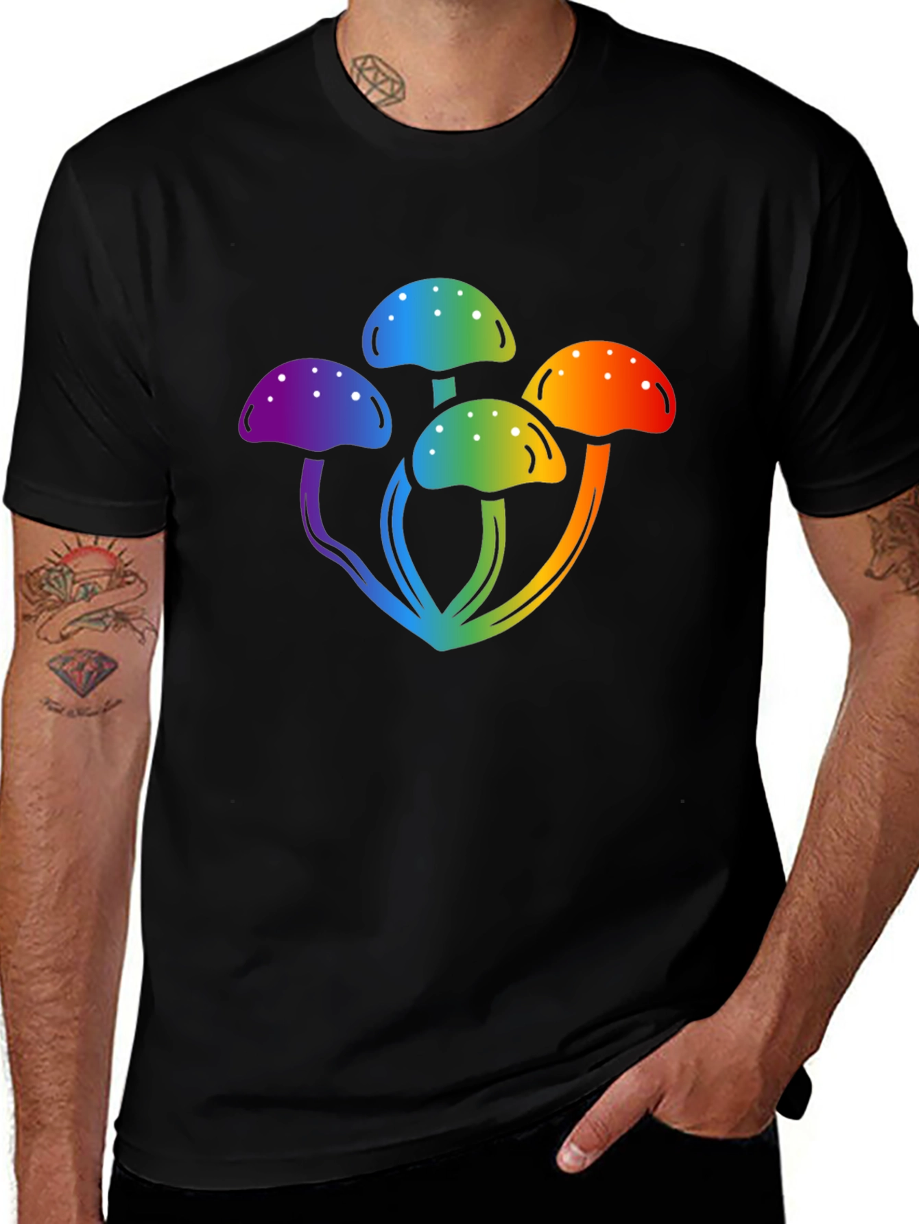 Rainbow Mushroom Graphic Black T-Shirt