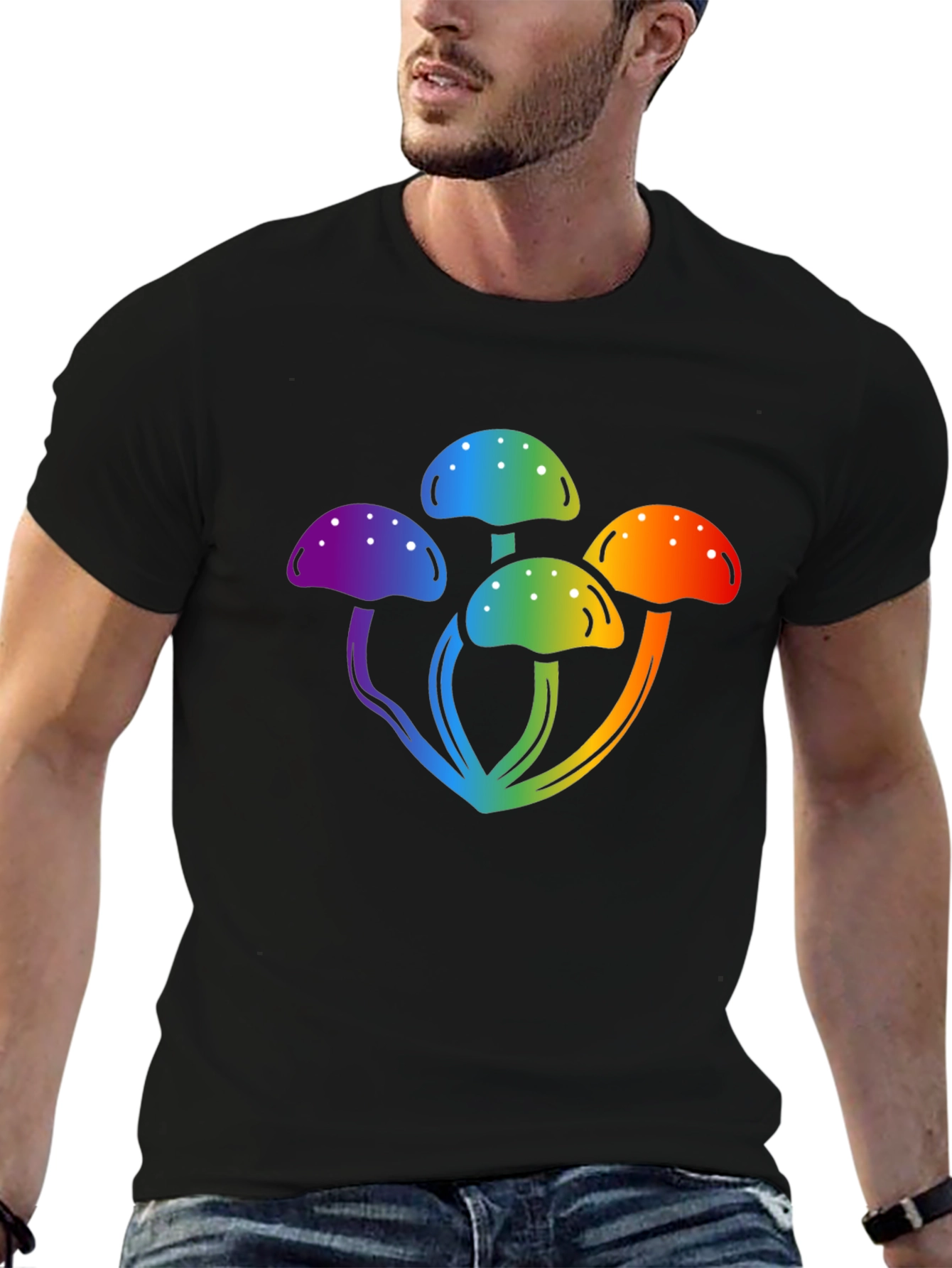 Rainbow Mushroom Graphic Black T-Shirt