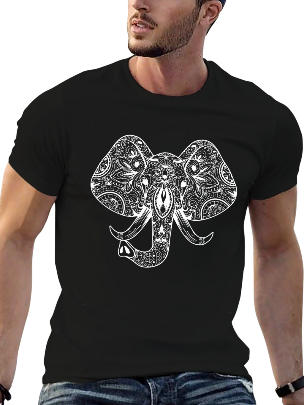 Elephant Mandala Graphic Tee - Black Casual Top