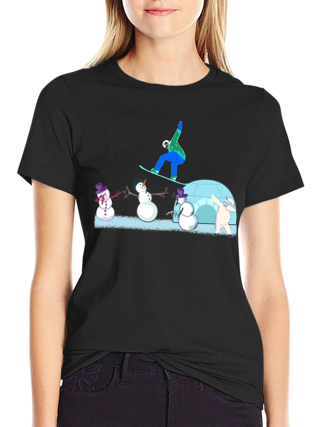 Snowboarder and Snowmen Graphic T-Shirt