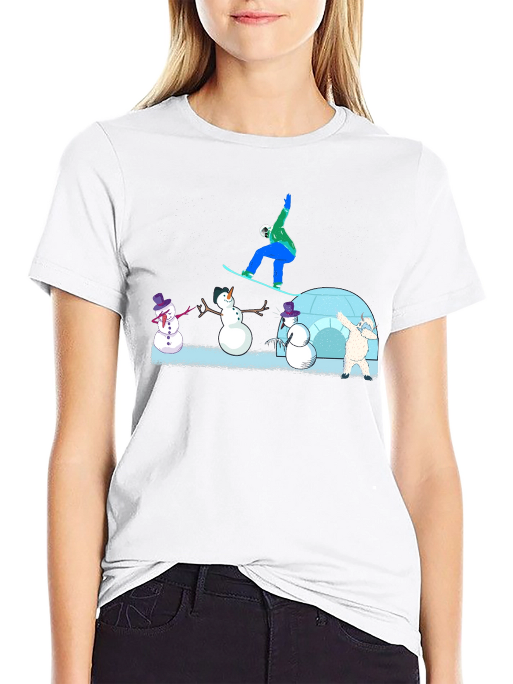 Snowboarder and Snowmen Graphic T-Shirt