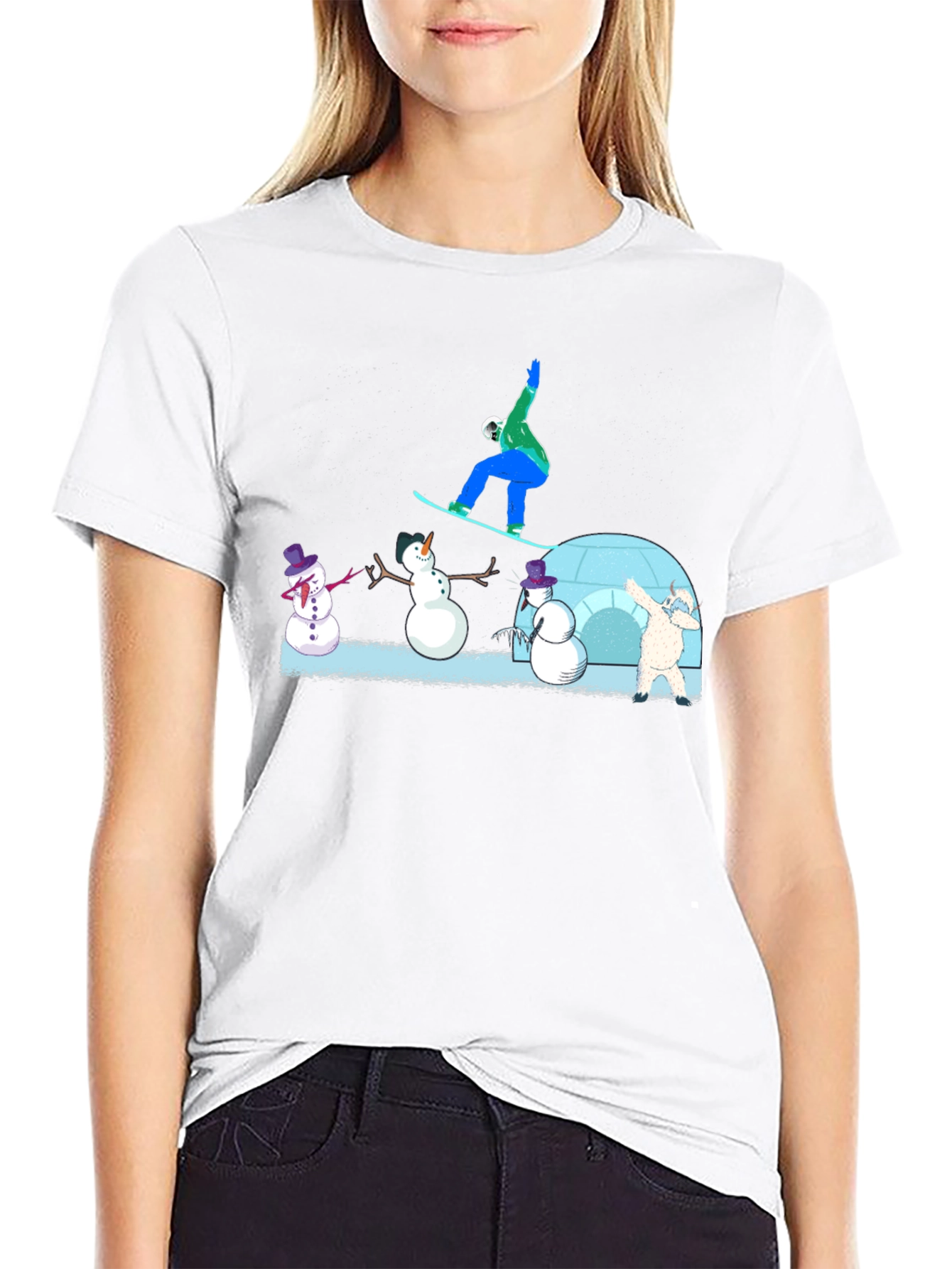Snowboarder and Snowmen Graphic T-Shirt
