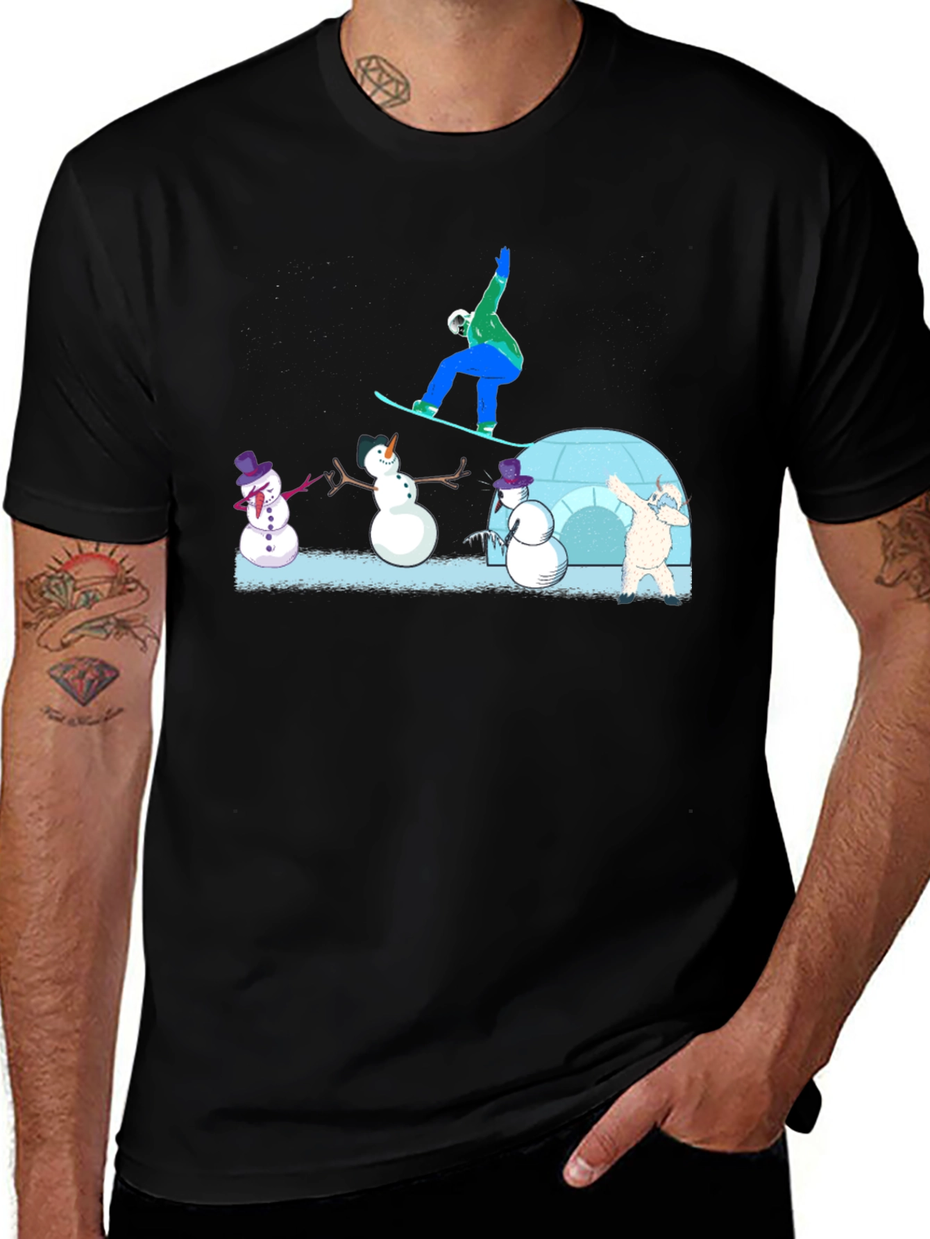 Snowboarder and Snowmen Graphic T-Shirt