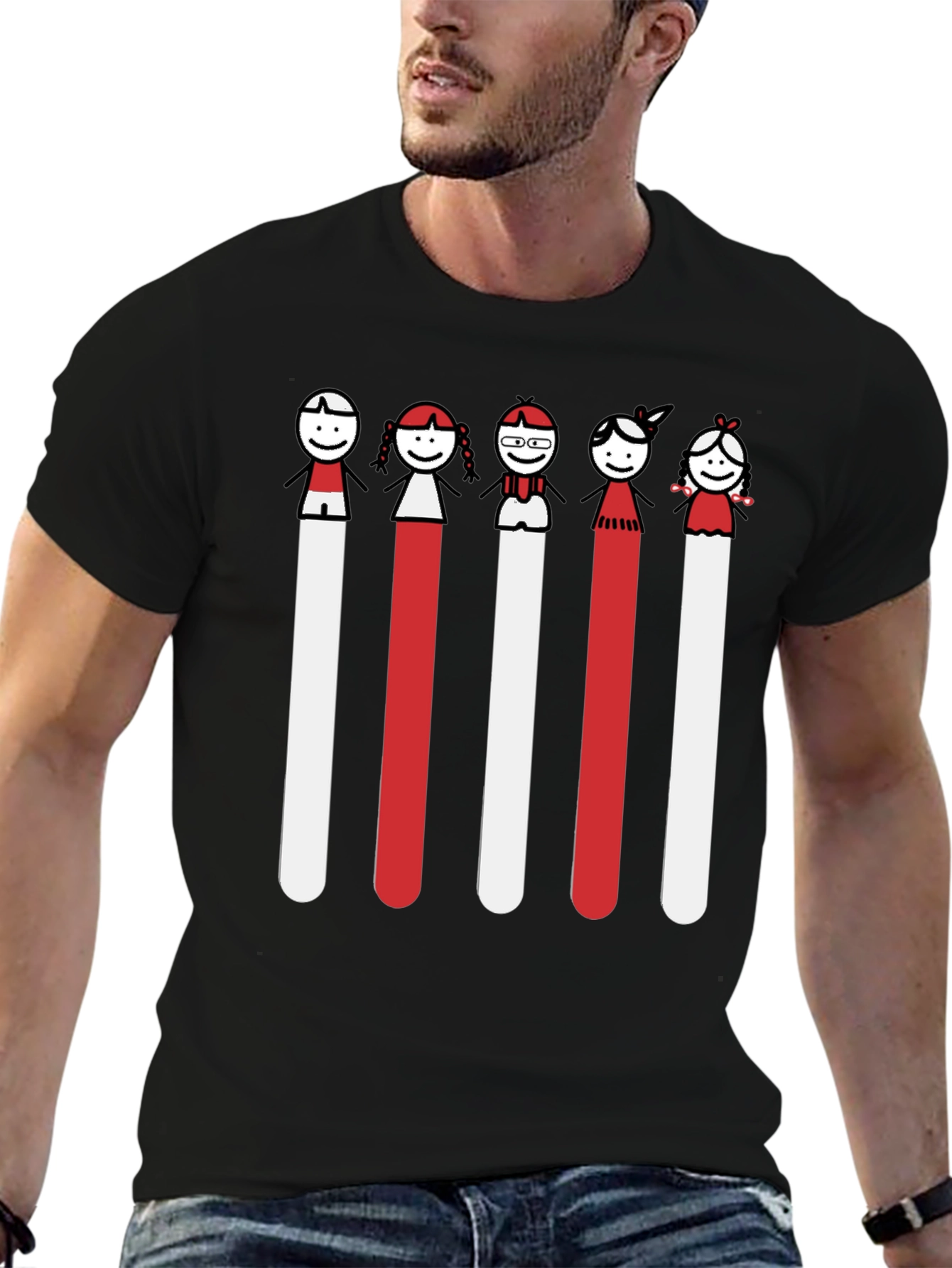 Whimsical Stick Figure Family Black Tee