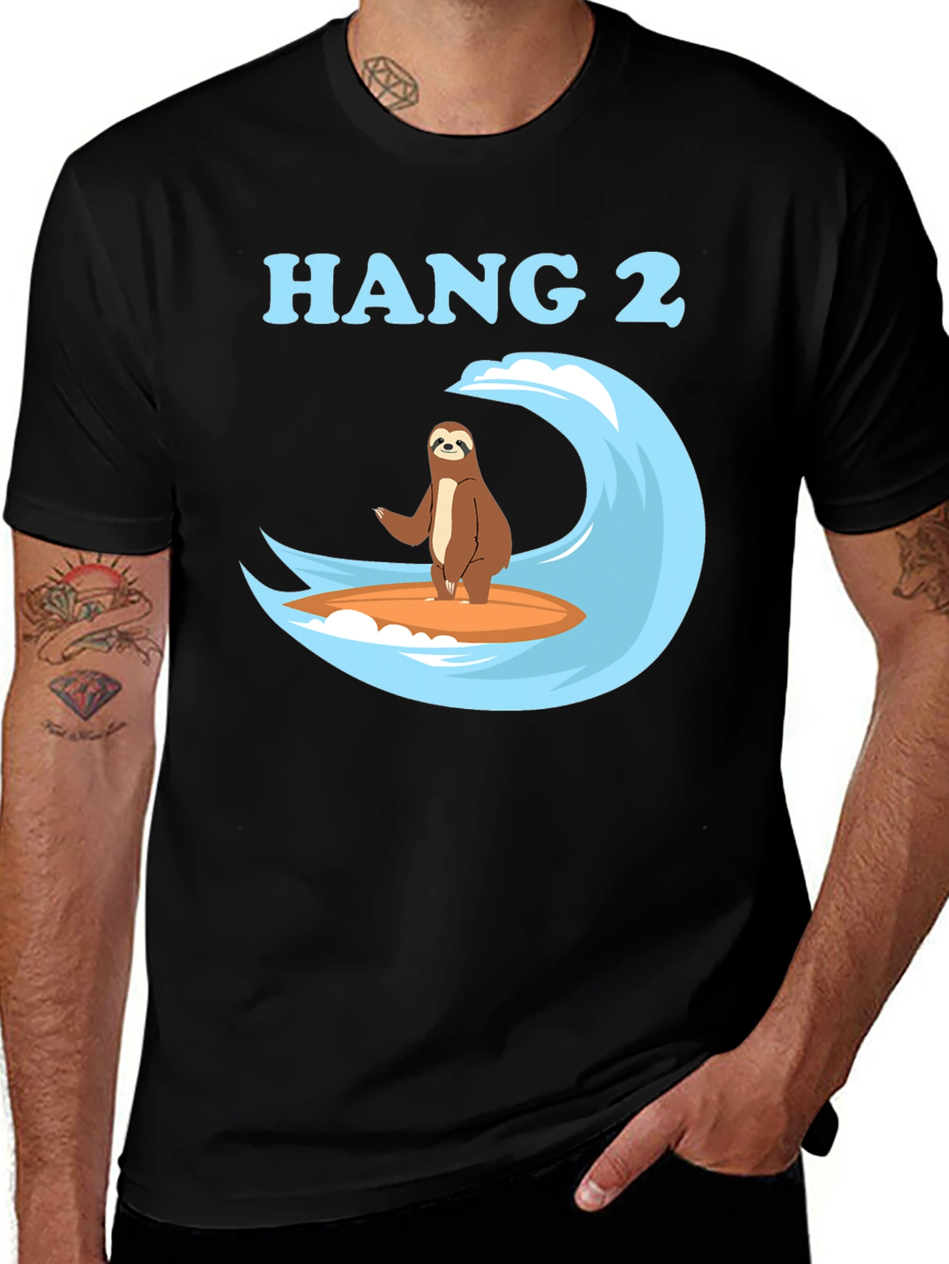 Hang 2 Sloth Surfing Graphic Tee - Black Cotton T-Shirt