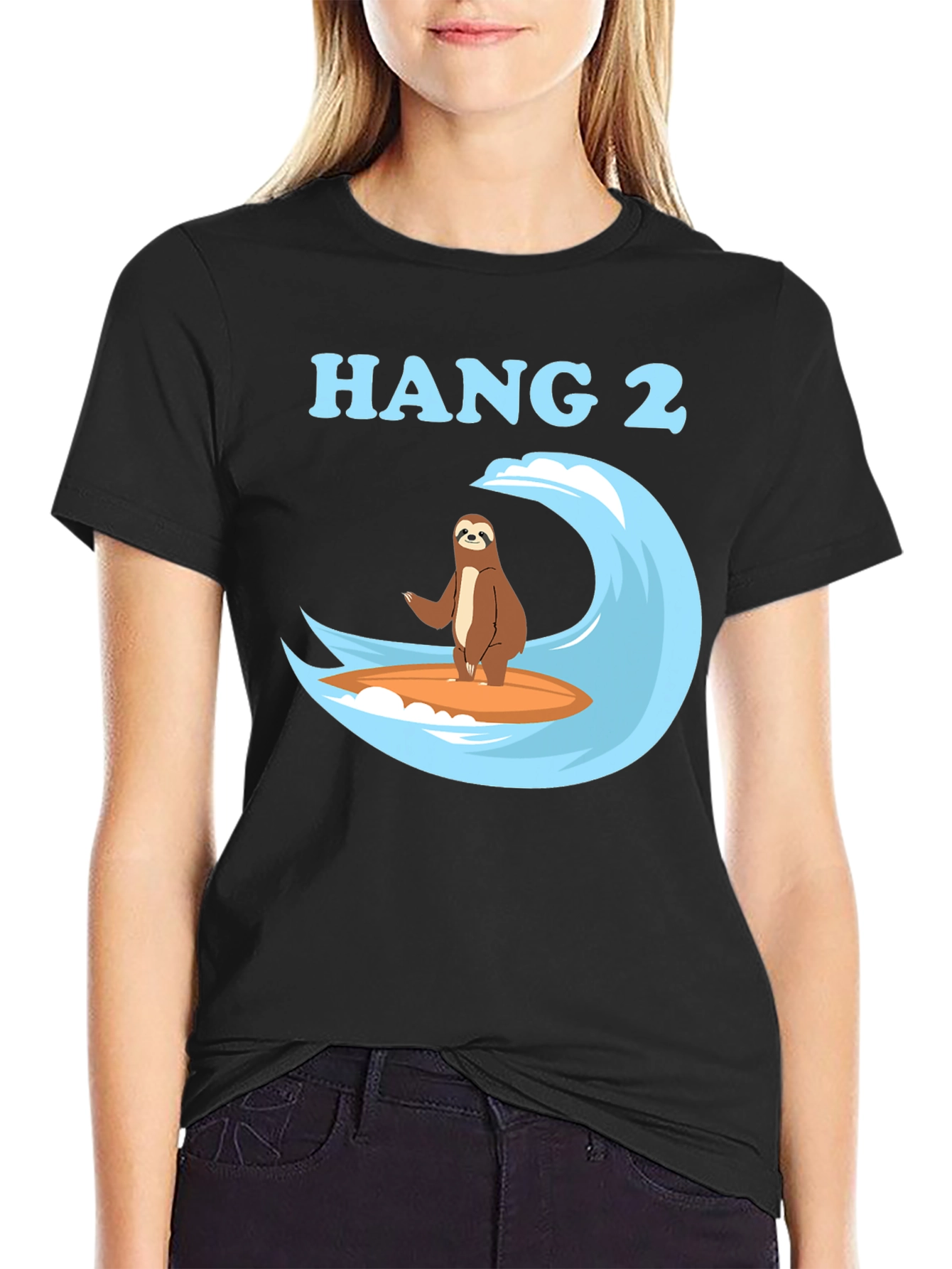 Hang 2 Sloth Surfing Graphic Tee - Black Cotton T-Shirt