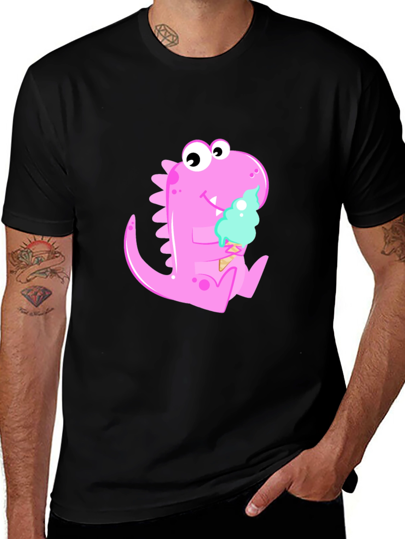 Dino Ice Cream Black T-Shirt - Fun Cartoon Graphic Tee