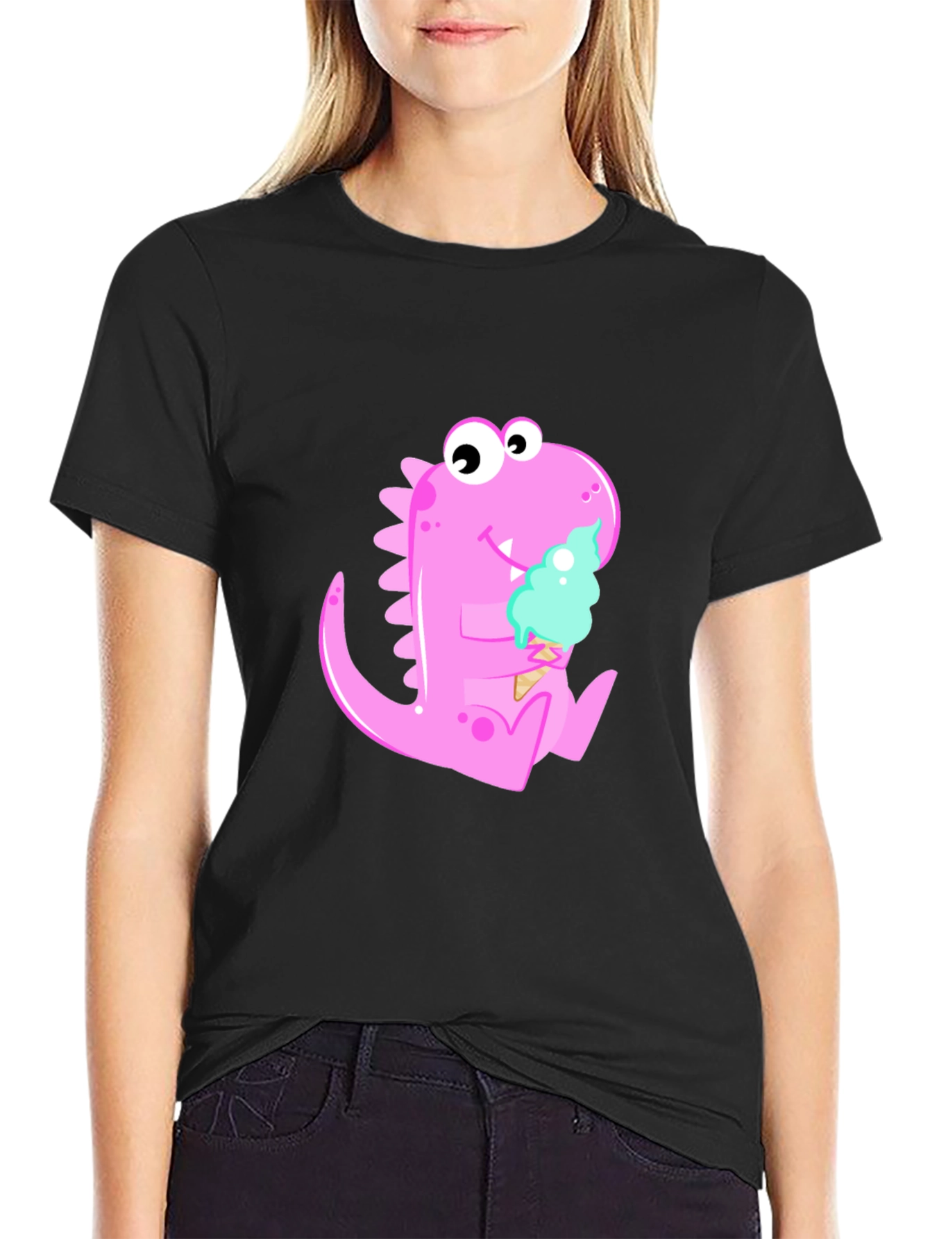 Dino Ice Cream Black T-Shirt - Fun Cartoon Graphic Tee