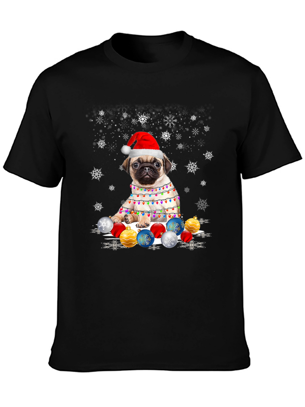 Pug Christmas T-Shirt with Lights & Ornaments