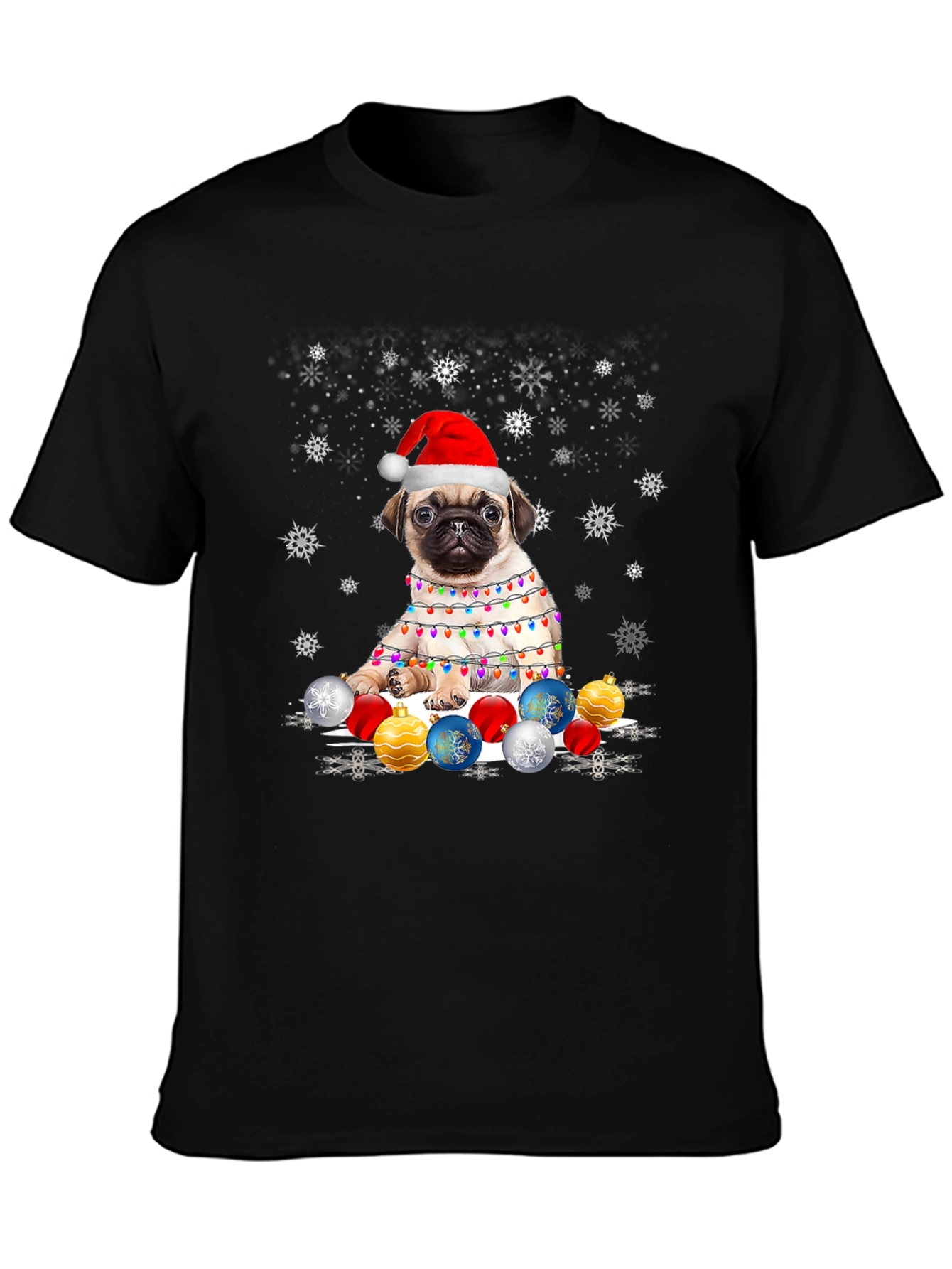 Pug Christmas T-Shirt with Lights & Ornaments
