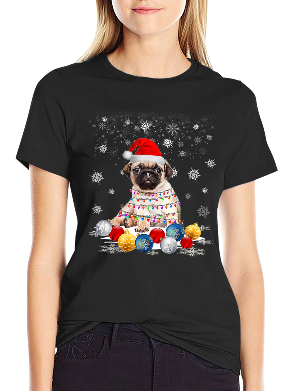 Pug Christmas T-Shirt with Lights & Ornaments