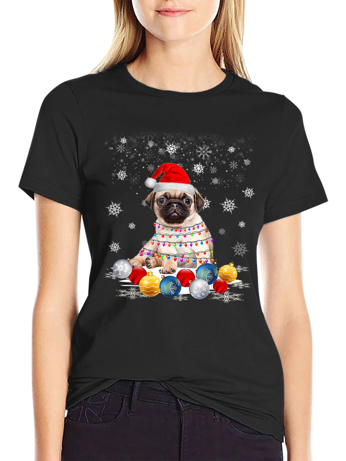 Pug Christmas T-Shirt with Lights & Ornaments