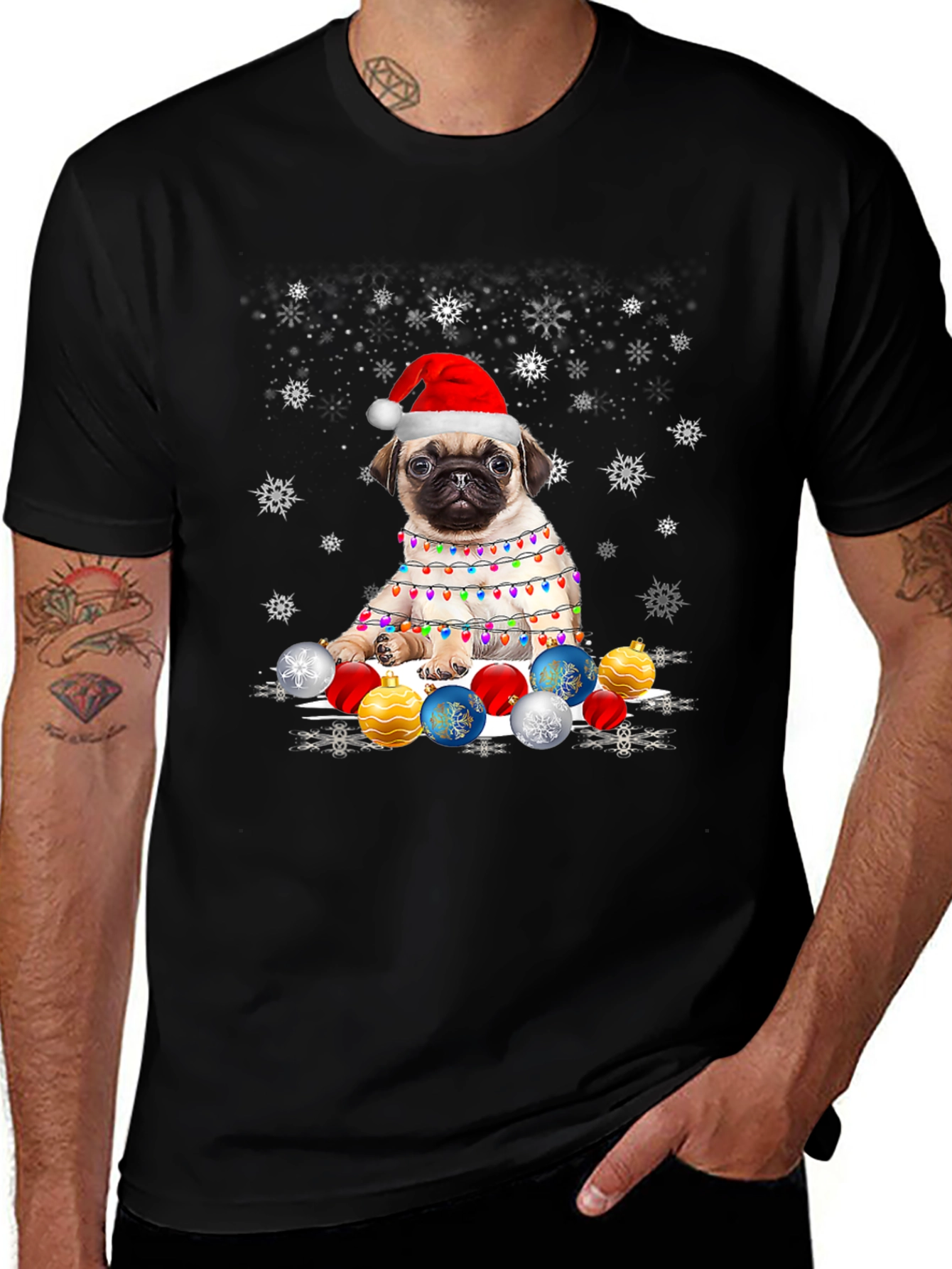 Pug Christmas T-Shirt with Lights & Ornaments