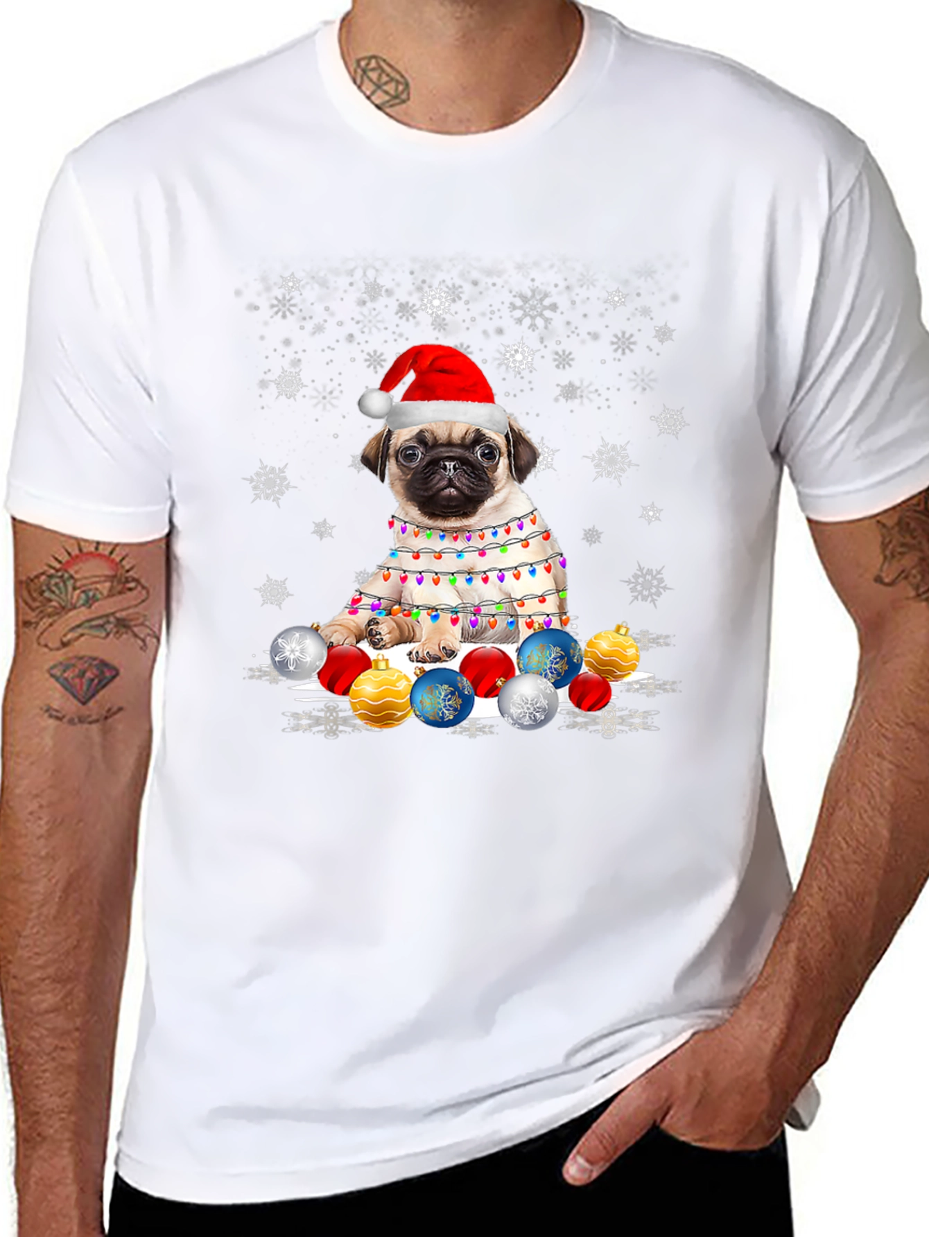 Pug Christmas T-Shirt with Lights & Ornaments