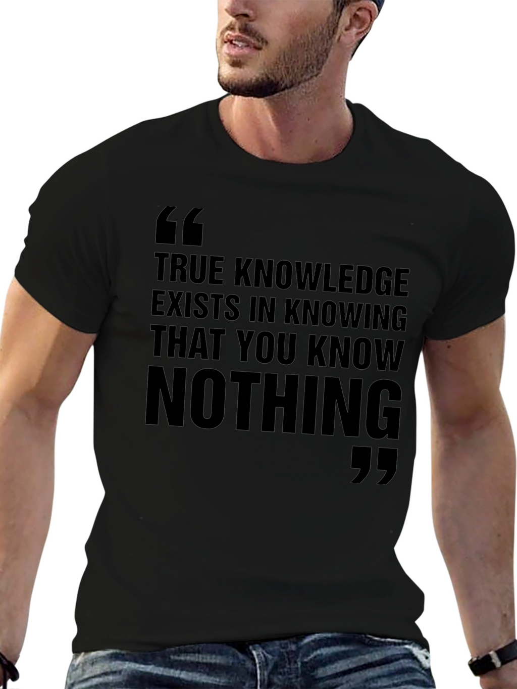 Philosophical Black T-Shirt: True Knowledge Quote