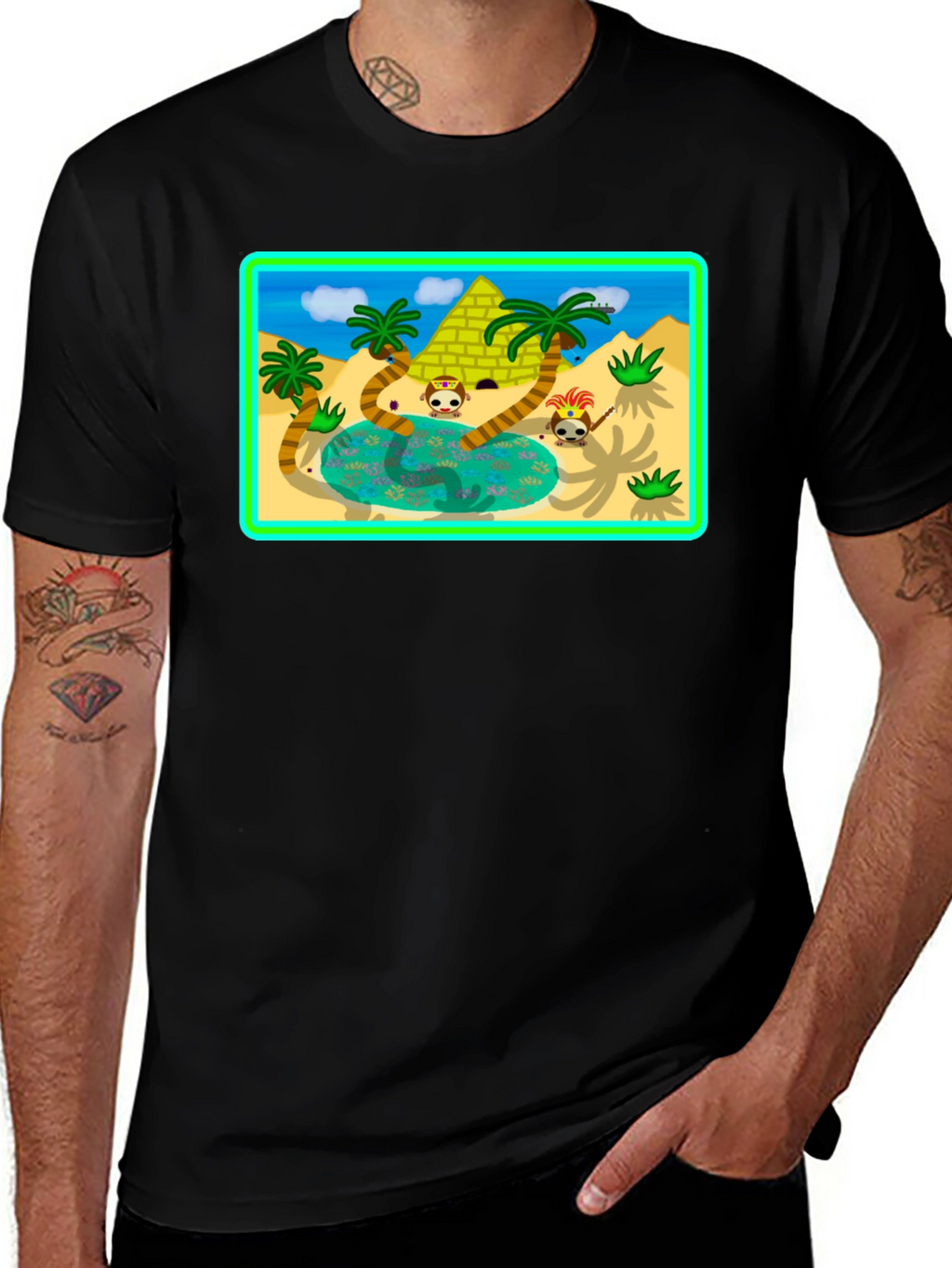 Cartoon Desert Pyramid Graphic T-Shirt