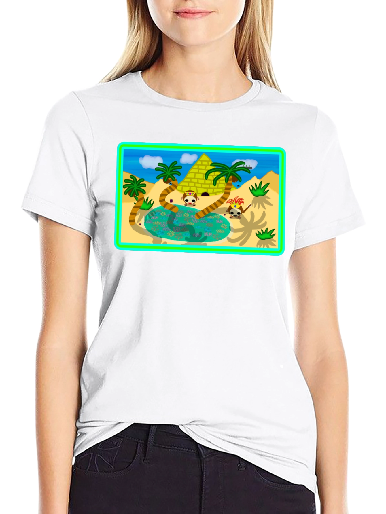 Cartoon Desert Pyramid Graphic T-Shirt