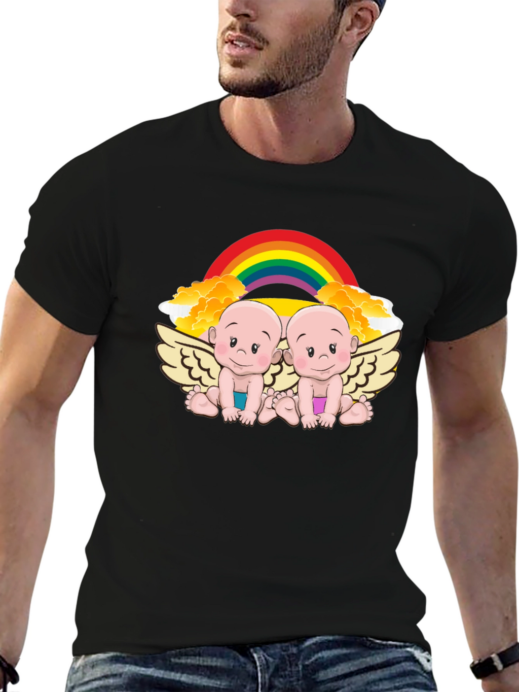 Cute Babies Rainbow Graphic Black T-Shirt
