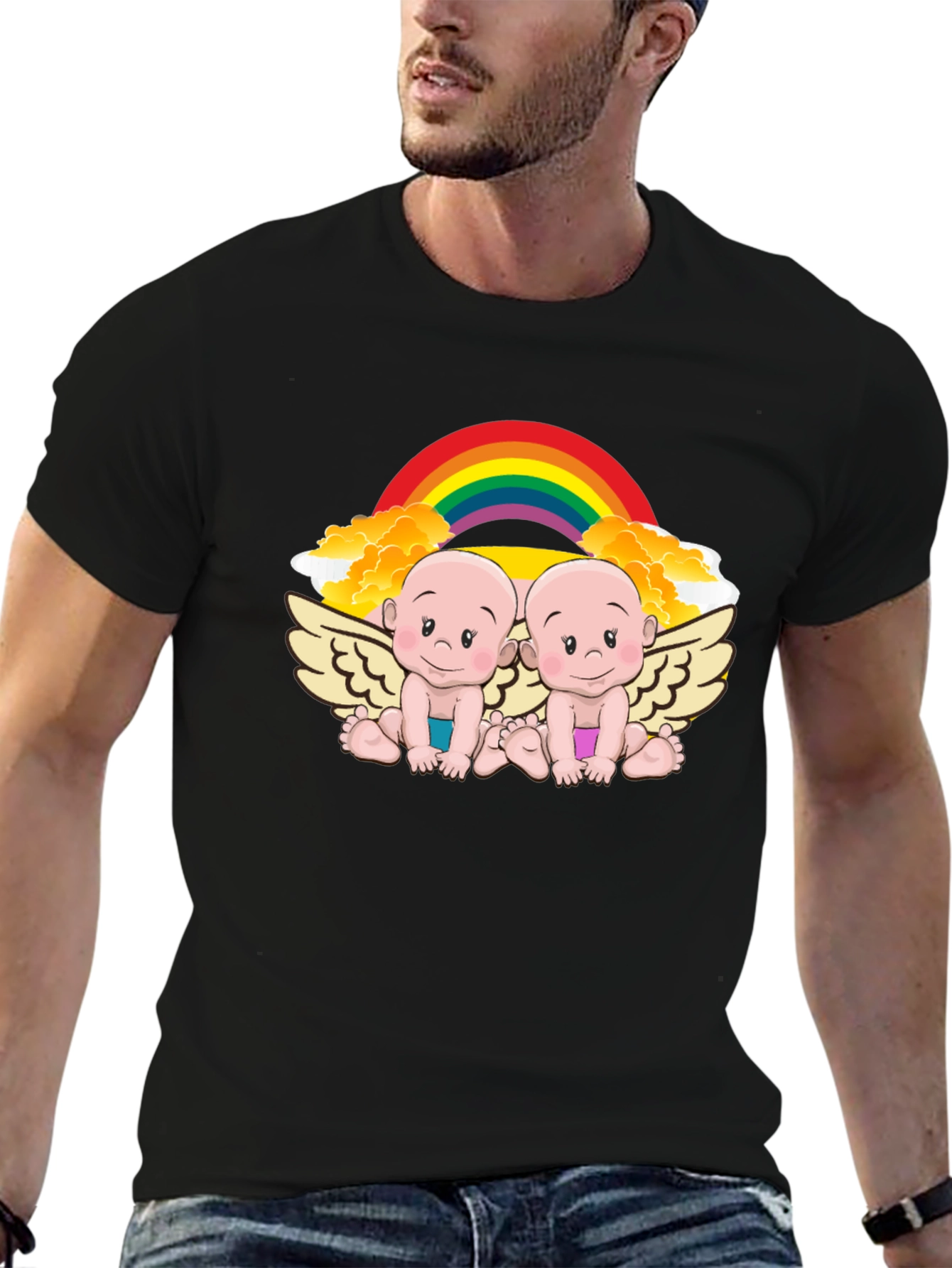 Cute Babies Rainbow Graphic Black T-Shirt