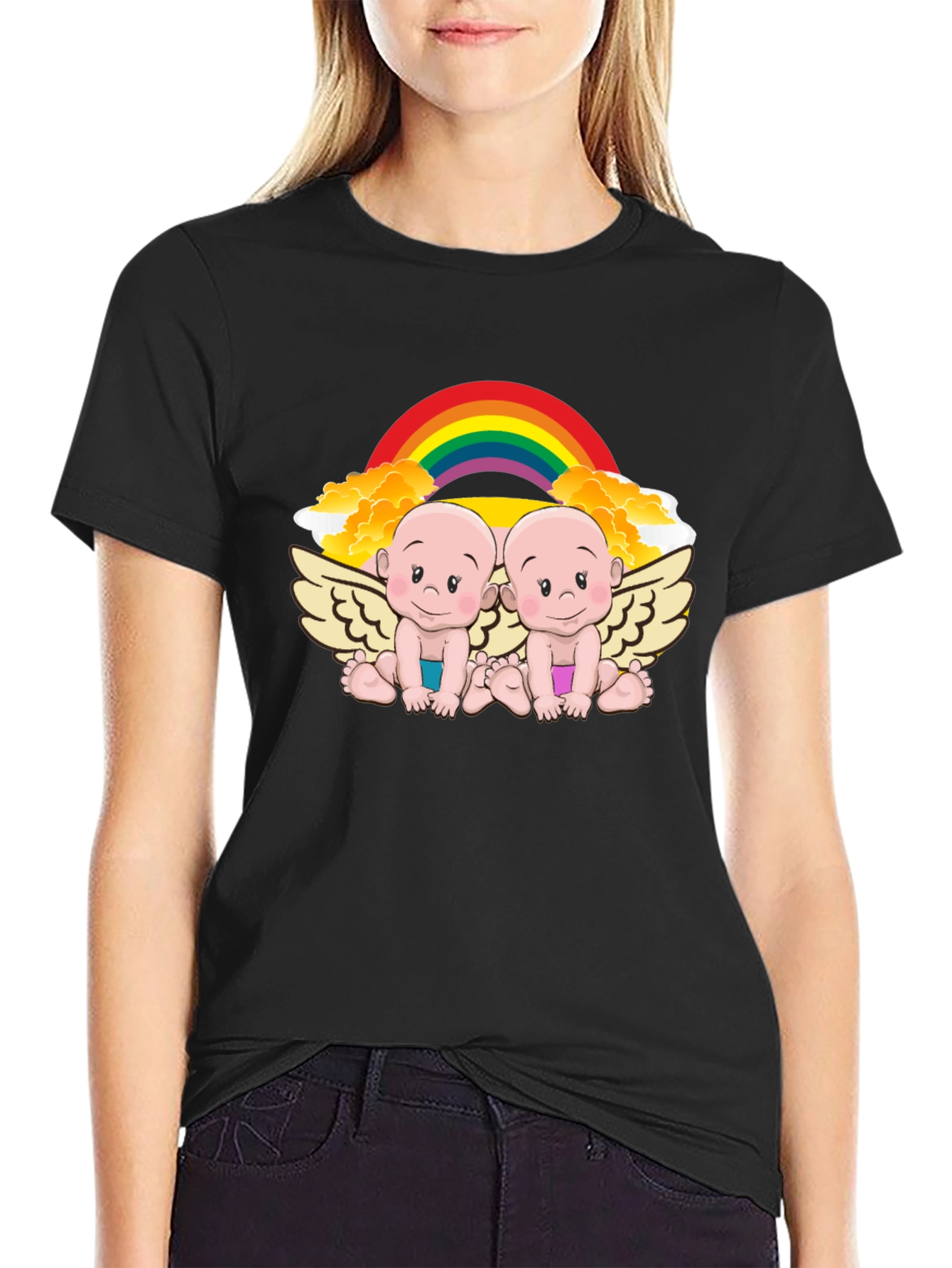 Cute Babies Rainbow Graphic Black T-Shirt